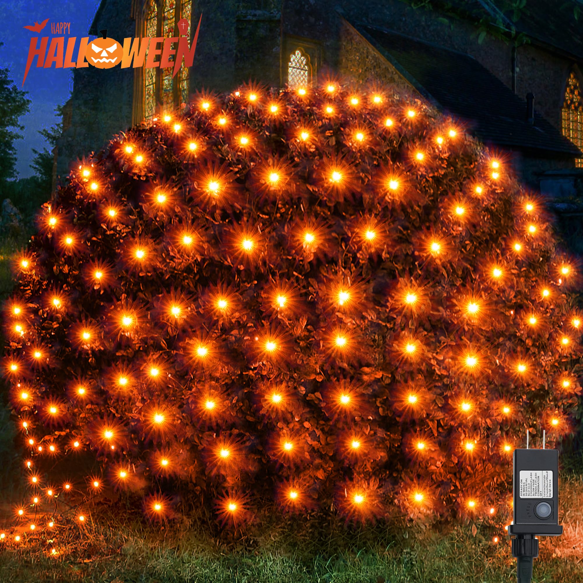 Wbao Halloween Net Lights, 200Led 8.4Ft X 5.2Ft Orange Halloween Lights With 8 Modes, Timer, Connectable, Waterproof & Sturdy Dark Green Wire For Lawn, Bushes, Trees, Outdoor Halloween Decorations
