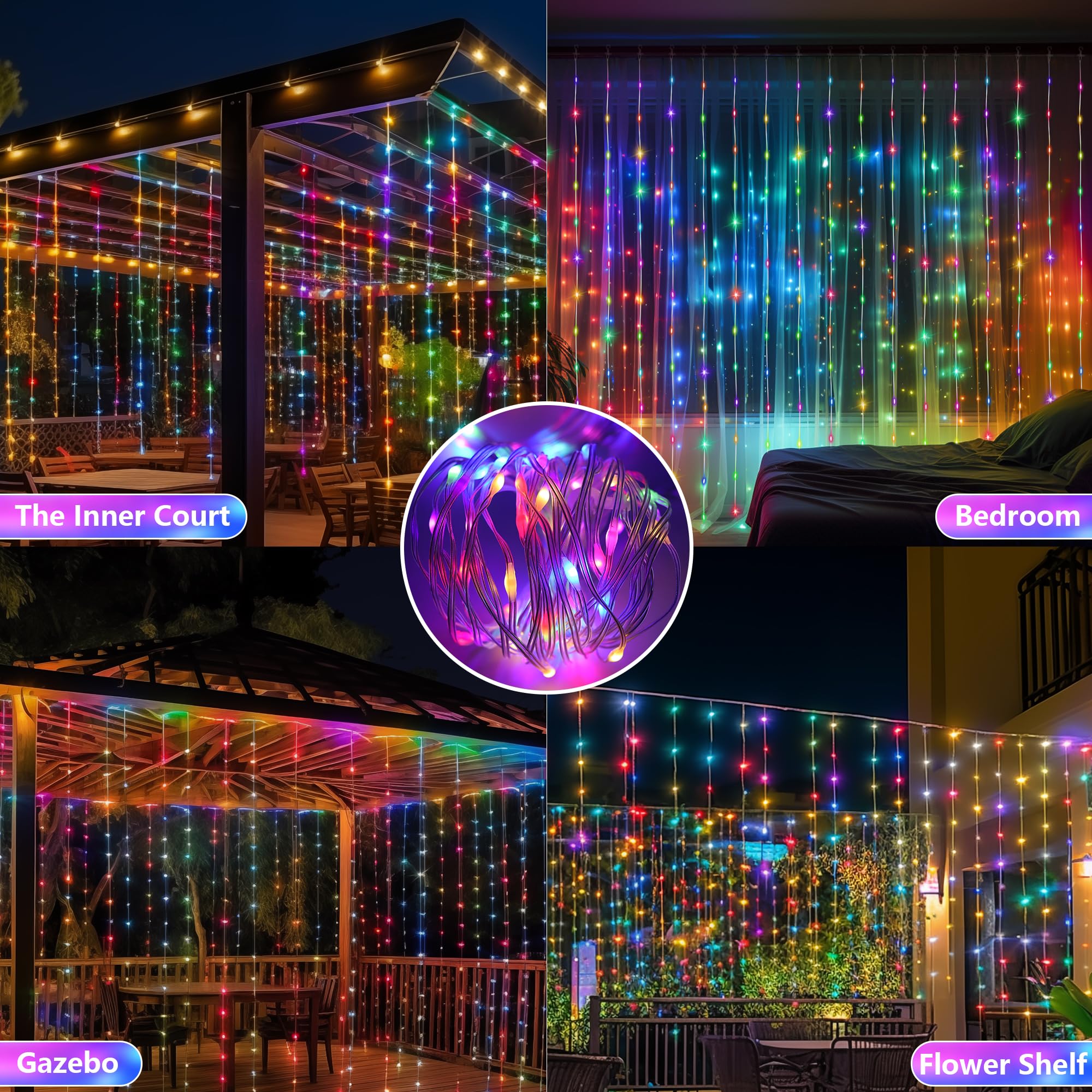 RCNDJE 600LED Solar Curtain Lights Waterproof, 20FT Dimmable Twinkle Fairy Light with Remote Control, Multicolor, Model RJ-240