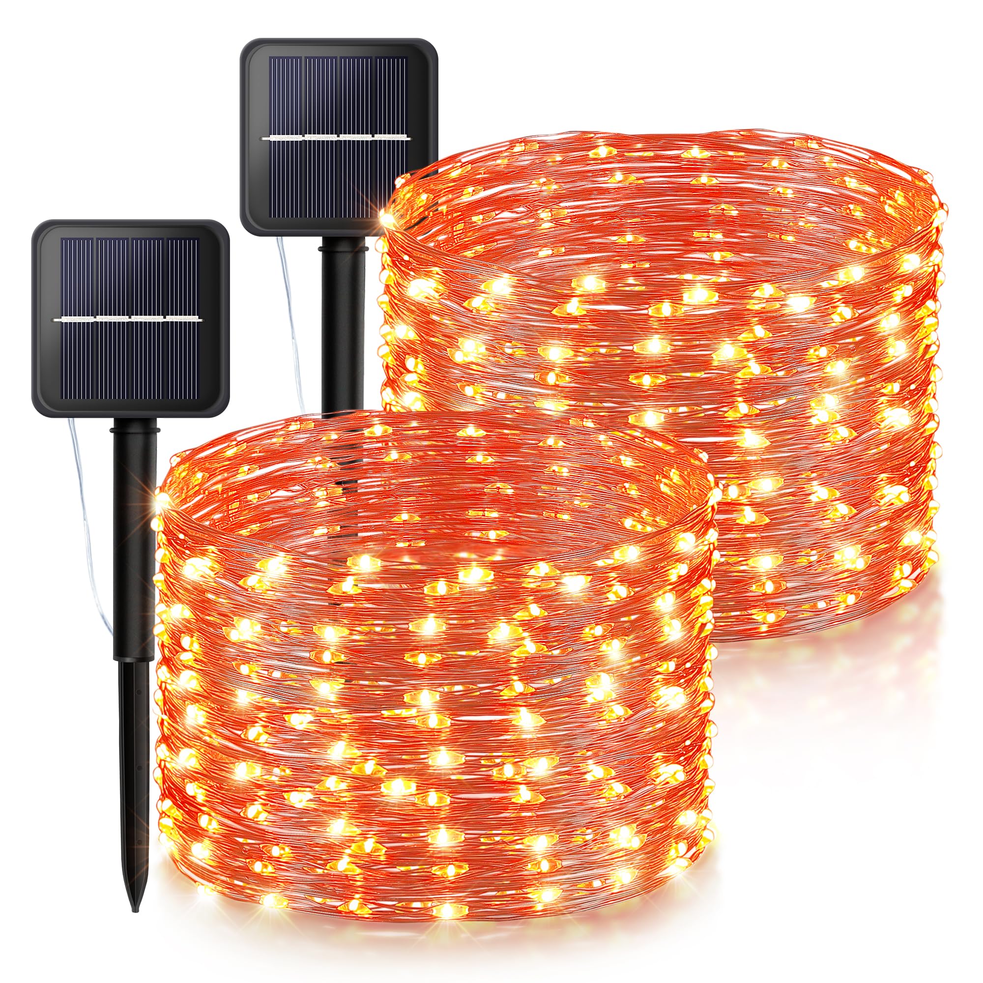 Woohaha Solar Halloween Lights, 33ft 100LED, Copper Wire, 2 Pack, Orange, Model WHSLL-100-33-O-OR