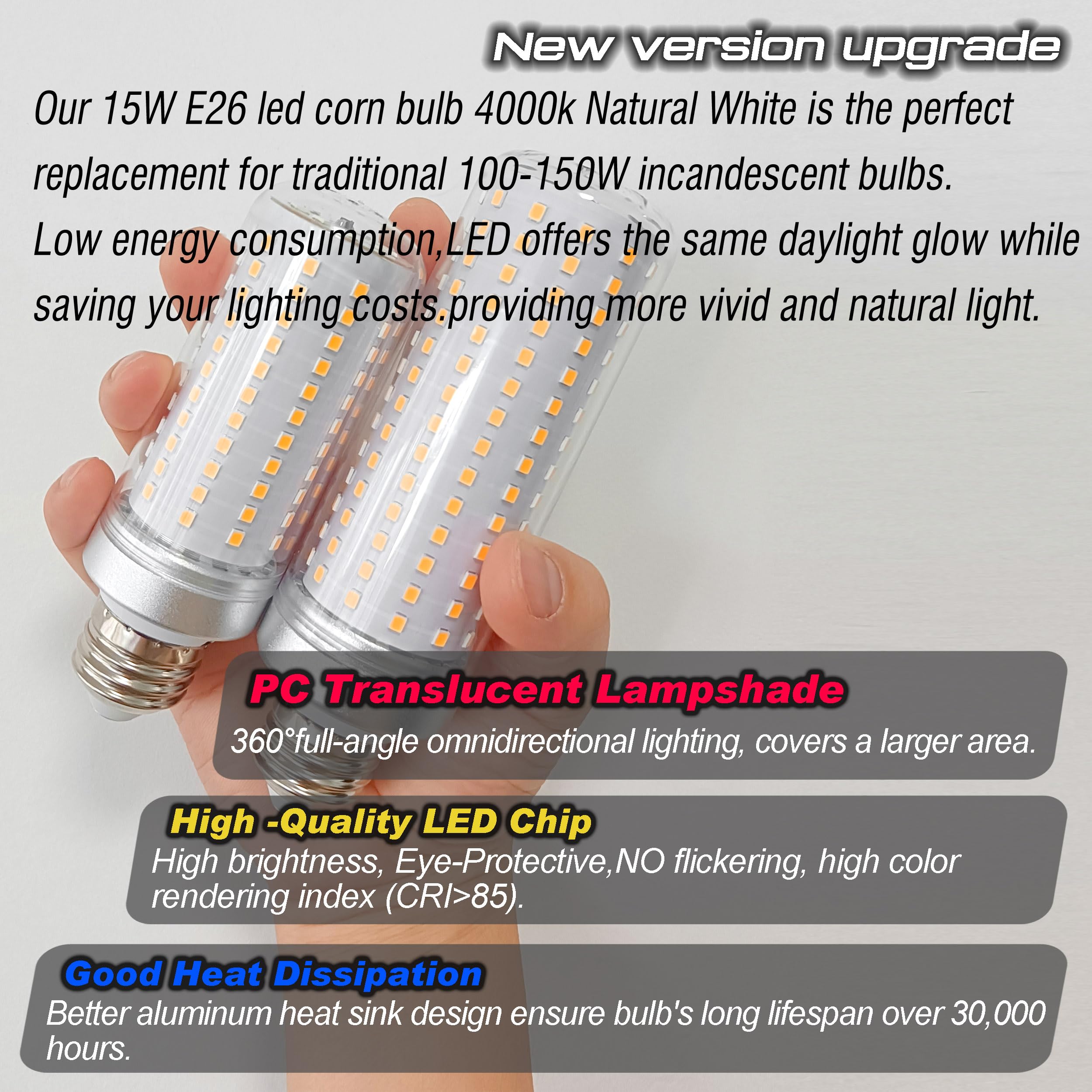 Ziomitus E26 LED Corn Light Bulb 15W 150W Equivalent 2000 lm 4000K Natural White, Aluminum, 5-Pack