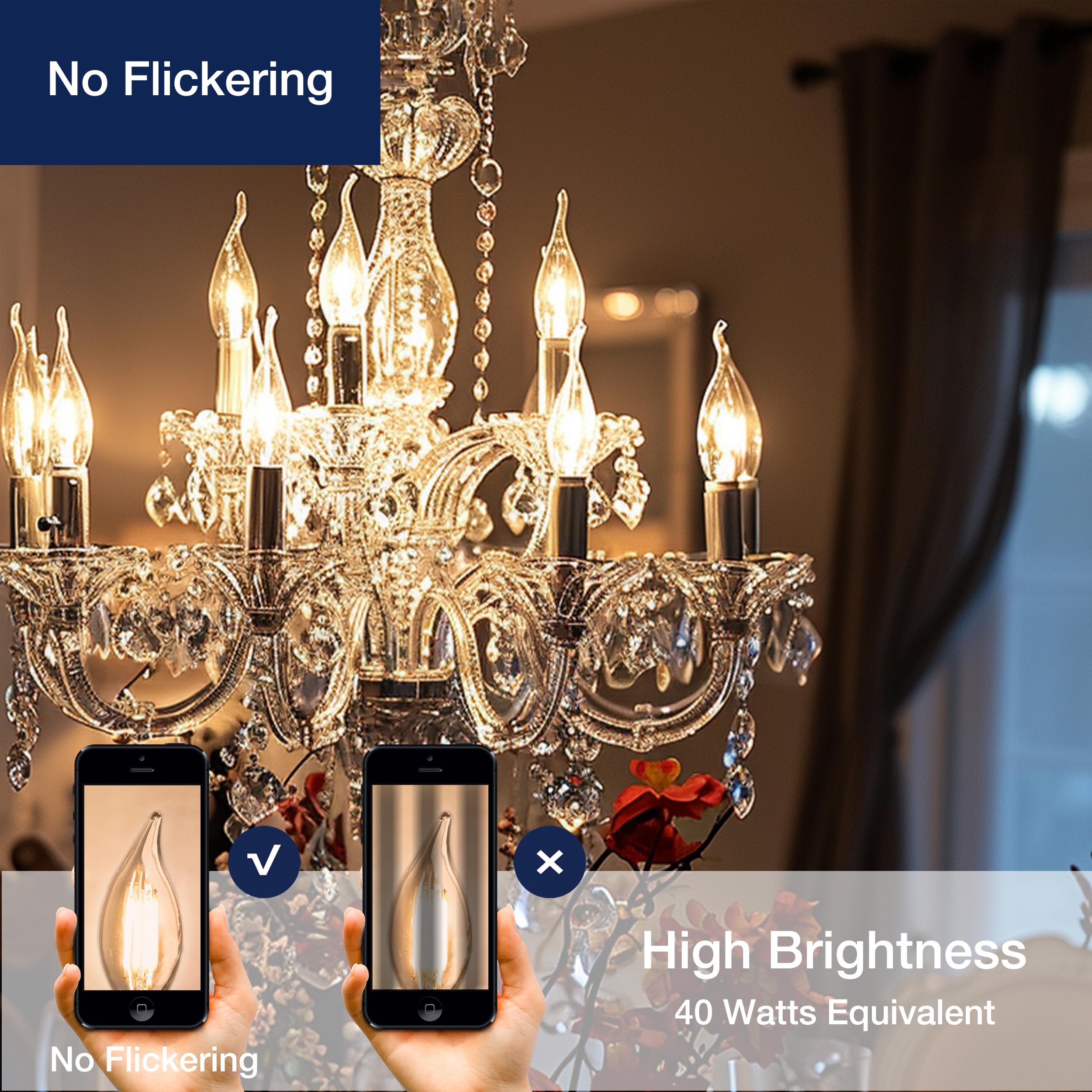FLSNT CA11 LED Candelabra Bulbs, Dimmable, 40W Equivalent, 330LM, 2200K Warm White, Amber Glass, 24 Pack