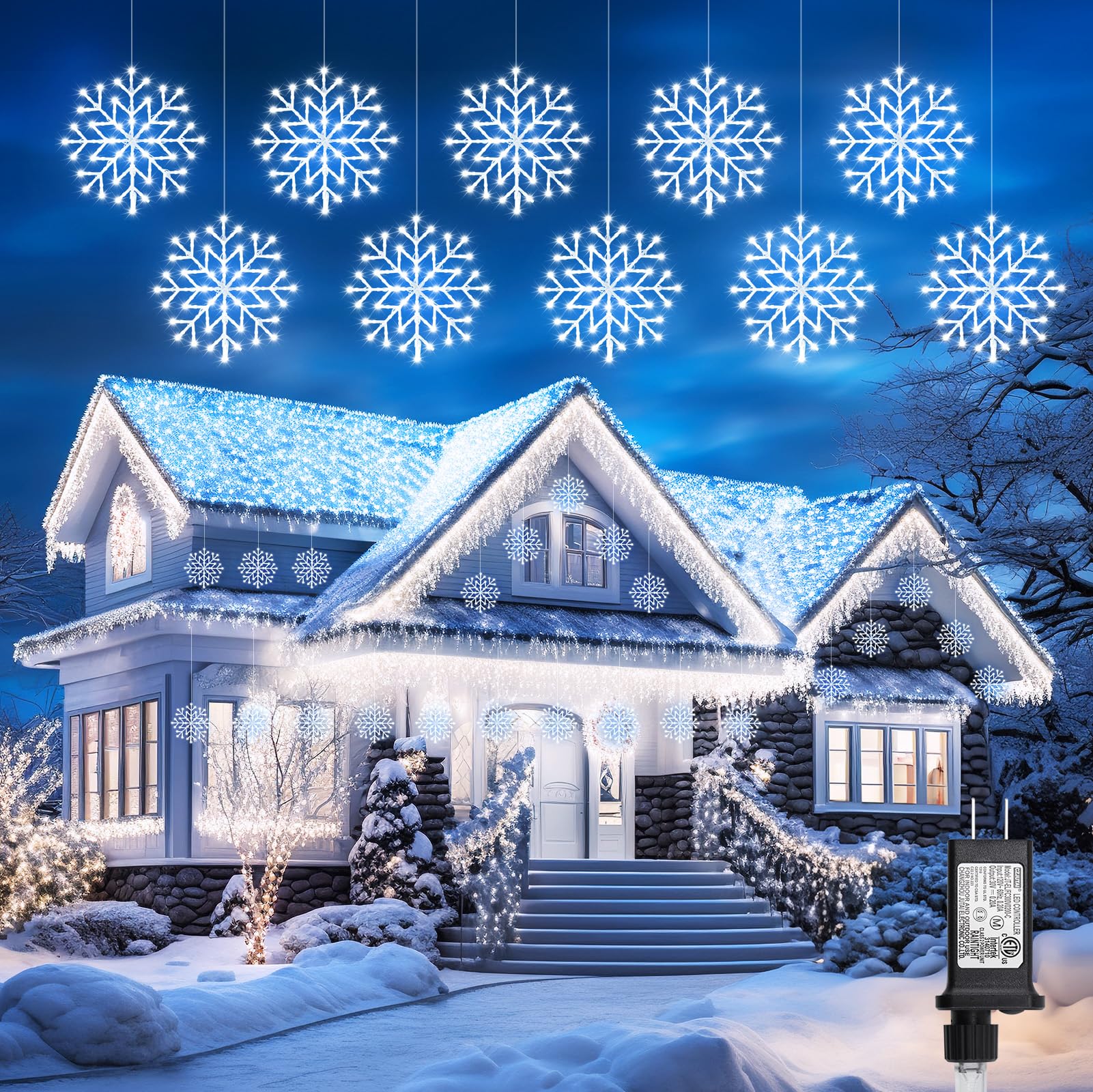 Christmas Snowflake Lights Outdoor - Plug-in 23.6ft 10 Drops 480LED Snowflake Window Lights, Connectable for Indoor Outdoor Porc