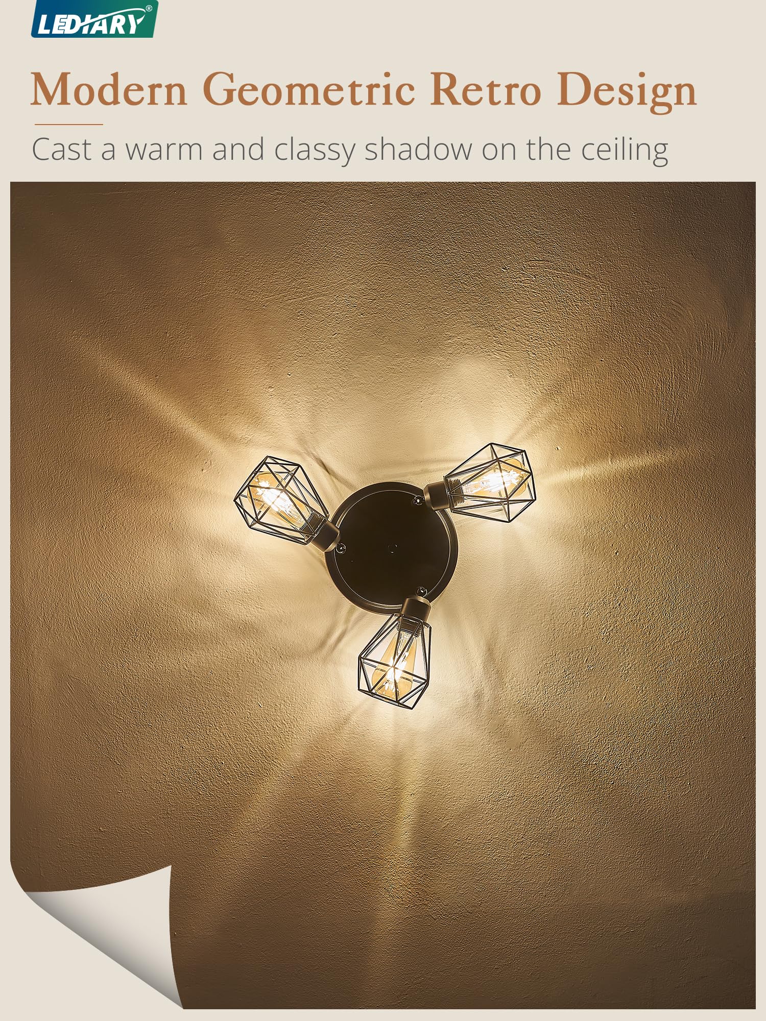 LEDIARY Semi Flush Mount Ceiling Light Fixture, 360 Adjustable Direction 3-Light Kitchen Light Fixtures, Black Farmhouse Cage Li