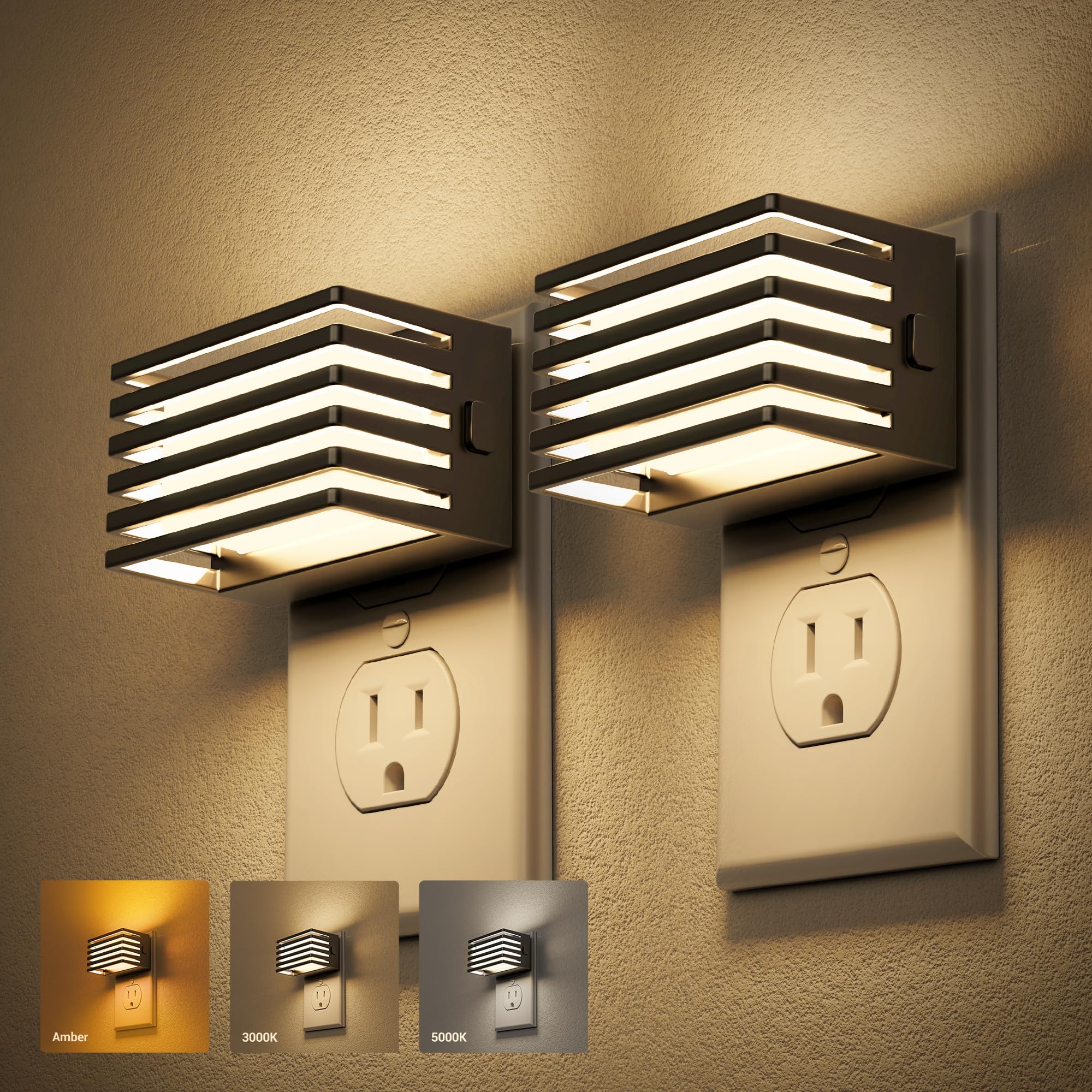 JandCase LED Night Light  [2 Pack] Night Lights Plug into Wall with Dusk to Dawn Sensor  3 Colors 3000K/5000K/Amber  Plug in Nightlight for Bathroom Bedroom Hallway Stair