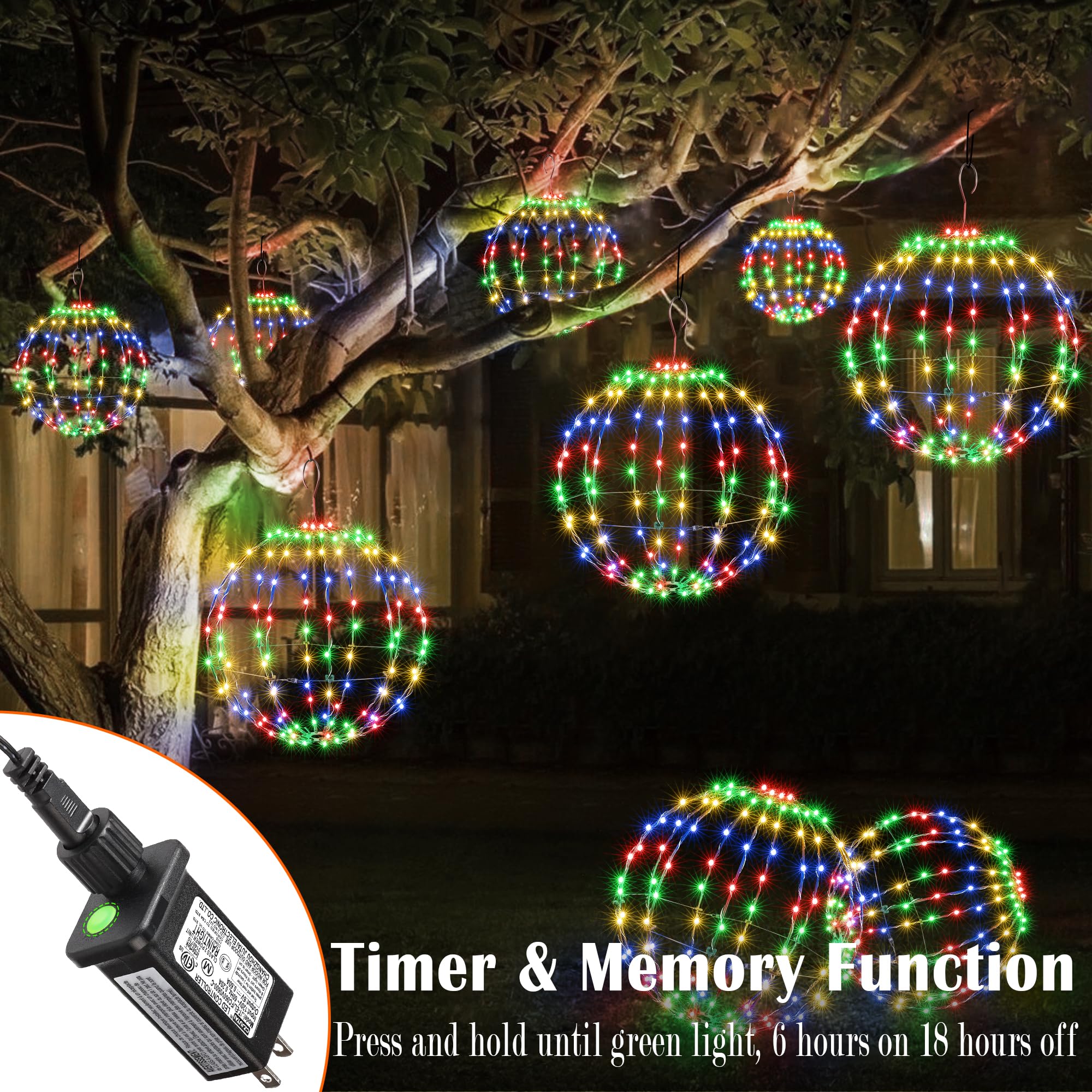 Joomer 12IN Christmas Ball Lights - 120 LED Waterproof Metal Sphere, Multicolor, 8 Modes with Timer, Hanging Globe for Holiday Decor
