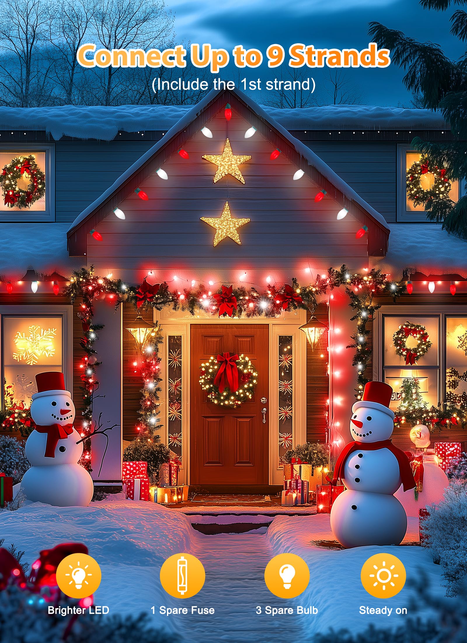 Vintage C9 Led Christmas Lights Outdoor  150 Feet C9 String Lights With 75 Shatterproof C9 Bulbs  Waterproof Connectable Christmas Tree Lights For Outside Roofline Patio Xmas Decor  Red & Pure White
