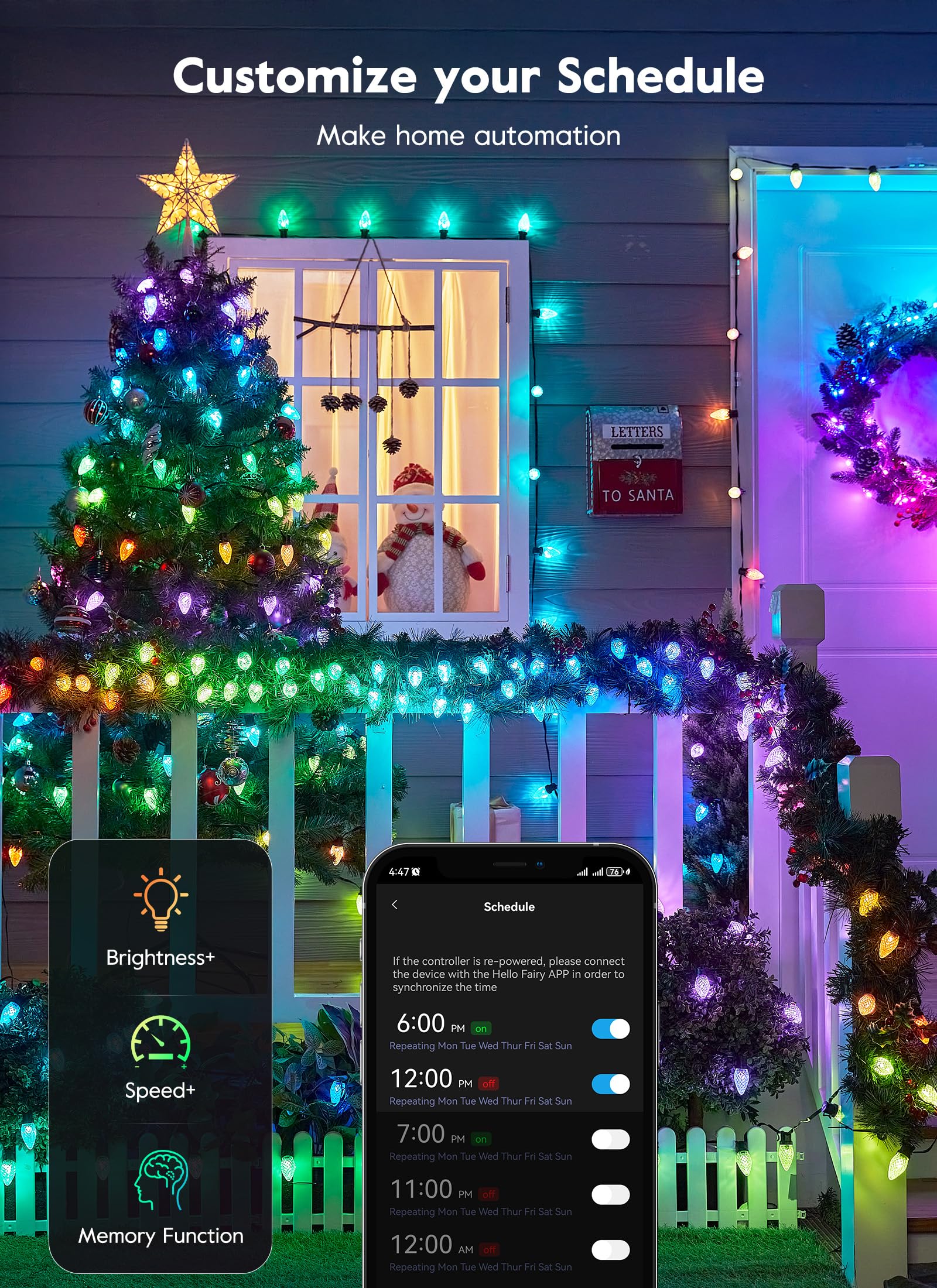 Brightown Smart C9 Christmas Lights Outdoor, 100 LED RGB C9 String Light with Remote, App Control, Music Sync, Connectable Water