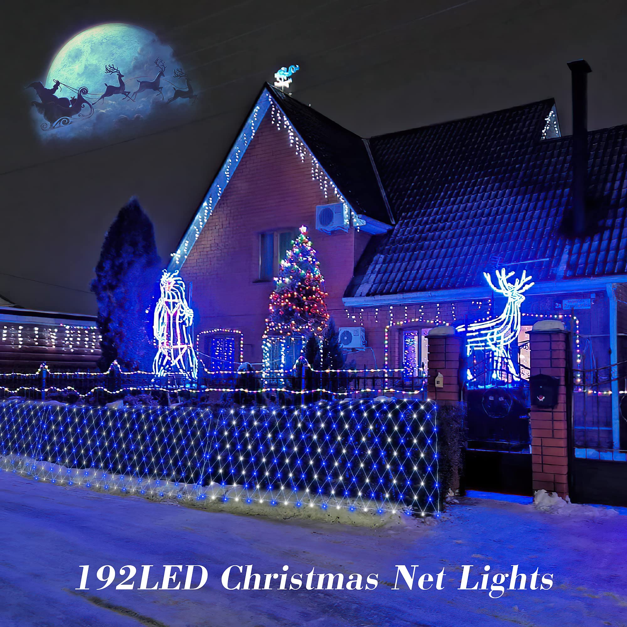 HEYFUNi 192 LED Net Lights – Waterproof Blue White Mesh Lights, 8 Modes, 9.8ft x 6.6ft, Model QX-U-O-N-192-BW