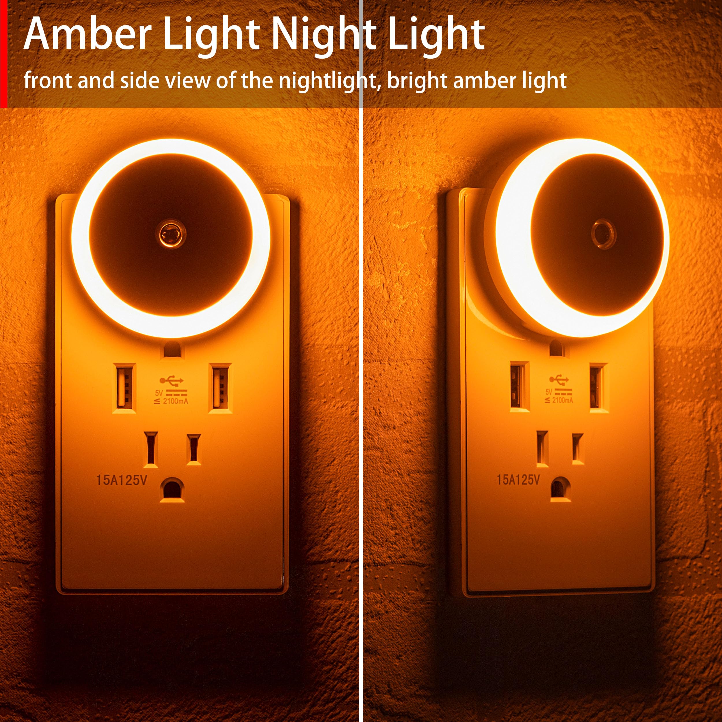 myCozyLite Amber Night Light, LED Plug-in Nightlight with Dusk to Dawn Sensor, Energy Efficient, 2 Pack for Bedroom, Bathroom, Kitchen