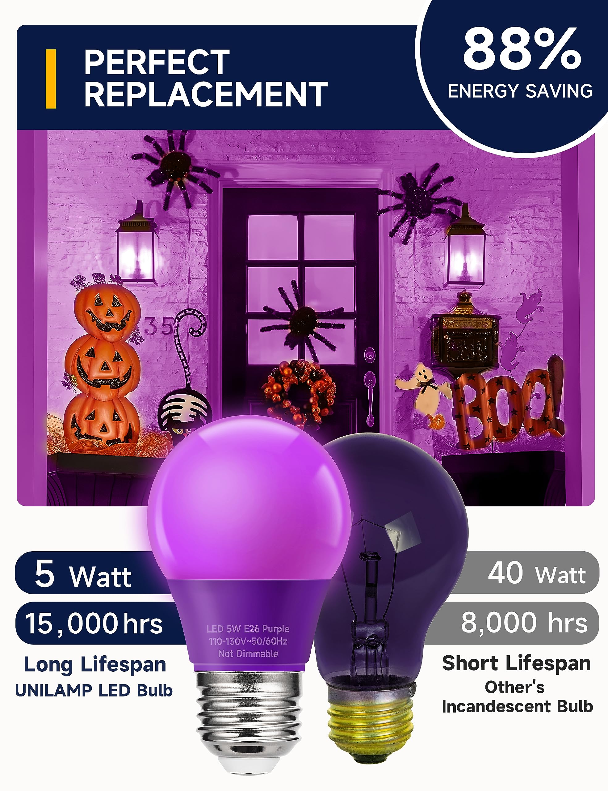 UNILAMP Purple Light Bulbs, Colored Light Bulb for Halloween Decoration, A15 5W LED Bulb Equivalent 40 Watt, E26 Medium Base Ora