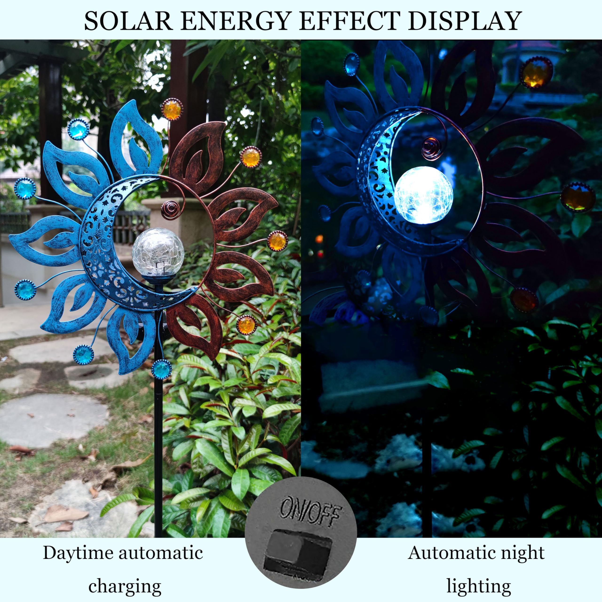 Qobumy Sun Moon Solar Lights Garden Stake Outdoor Decoration,Sun Moon Crackle Glass Globe Solar Metal Stake Light, Waterproof Le