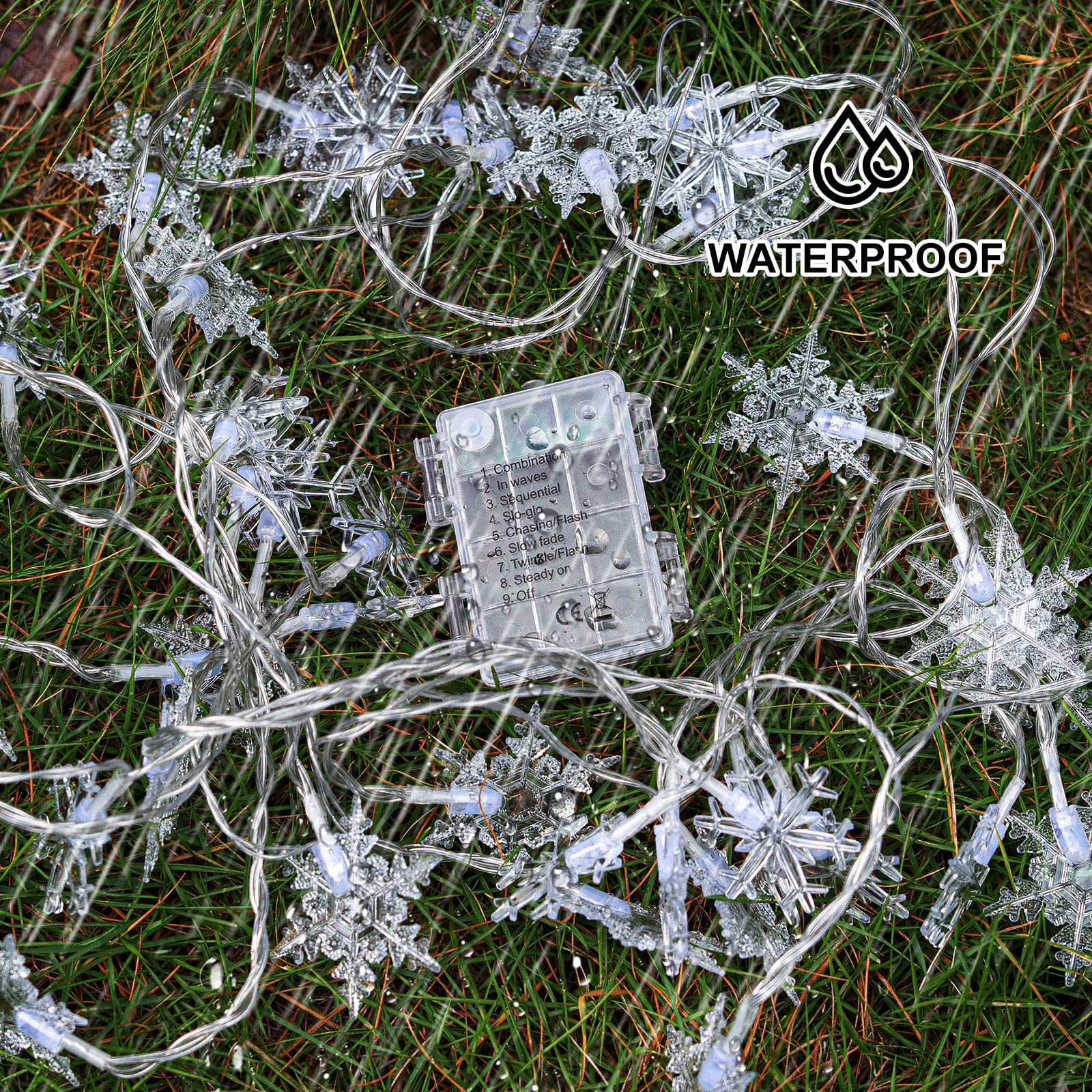 Lynumtw Christmas Snowflake Lights, 20 FT 40 LED, Battery Operated, Cool White, Waterproof, Remote, 8 Modes
