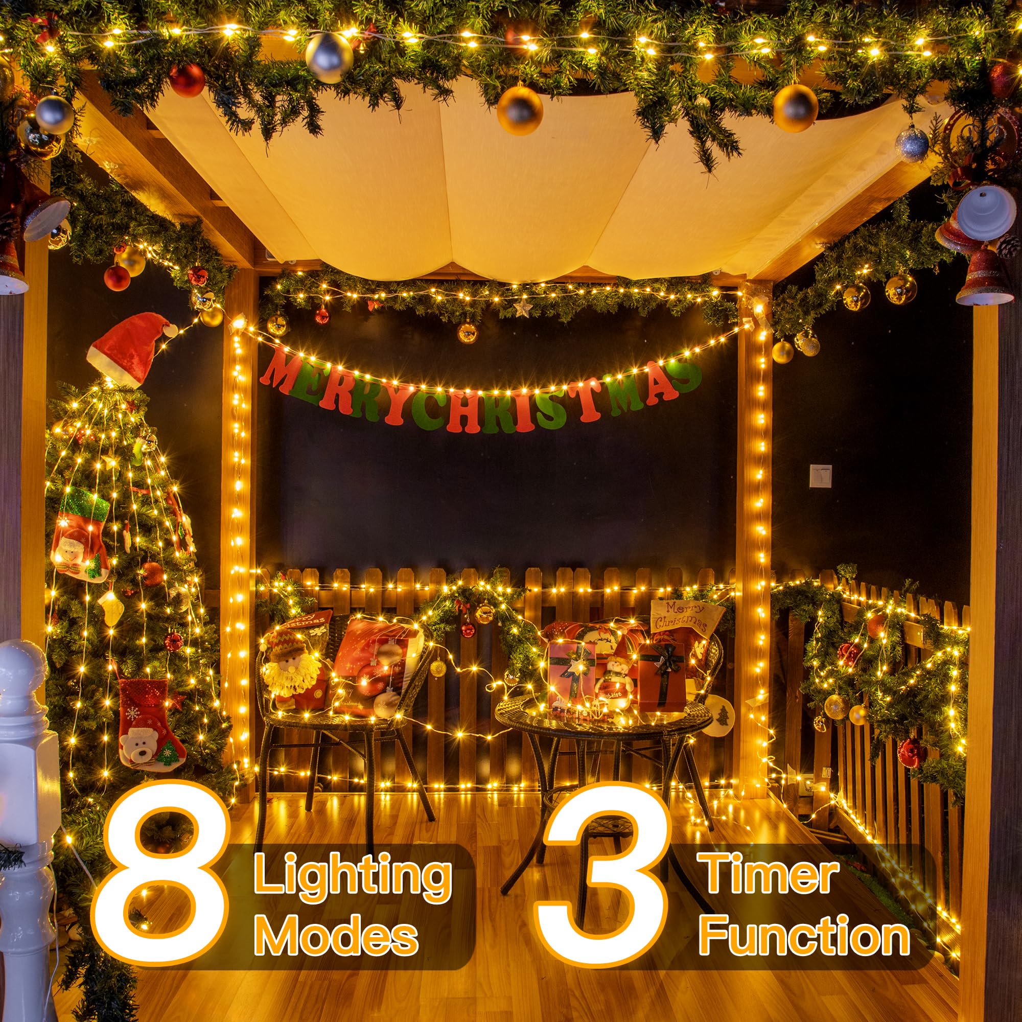 Ollny Christmas Lights Warm White, 600Led 197Ft Christmas Tree Lights Ip67 Waterproof, Plug In Fairy Lights With Remote 8 Modes