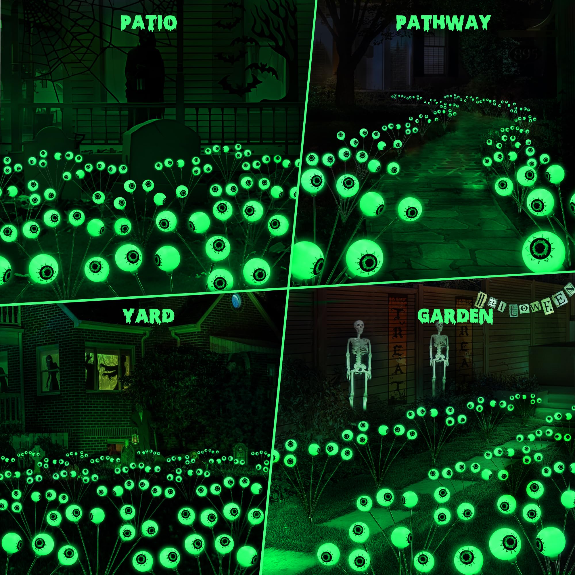 Brizlabs 4 Pack 24 Led Halloween Solar Lights  2 Modes Outdoor Halloween Eyeball Pathway Lights  Solar Spooky Walkway Light Waterproof  Green Swaying Firefly Lighting For Path Yard Garden Lawn