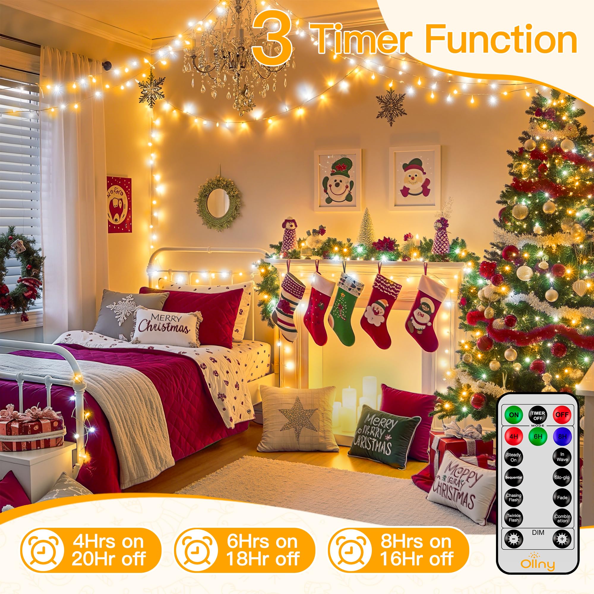 Ollny Warm White And Cool White Christmas Lights Waterproof  400Led 131Ft String Lights With Remote 3 Timer  Plug In 8 Modes Fairy Light For Xmas Tree Indoor Bedroom House Decorations