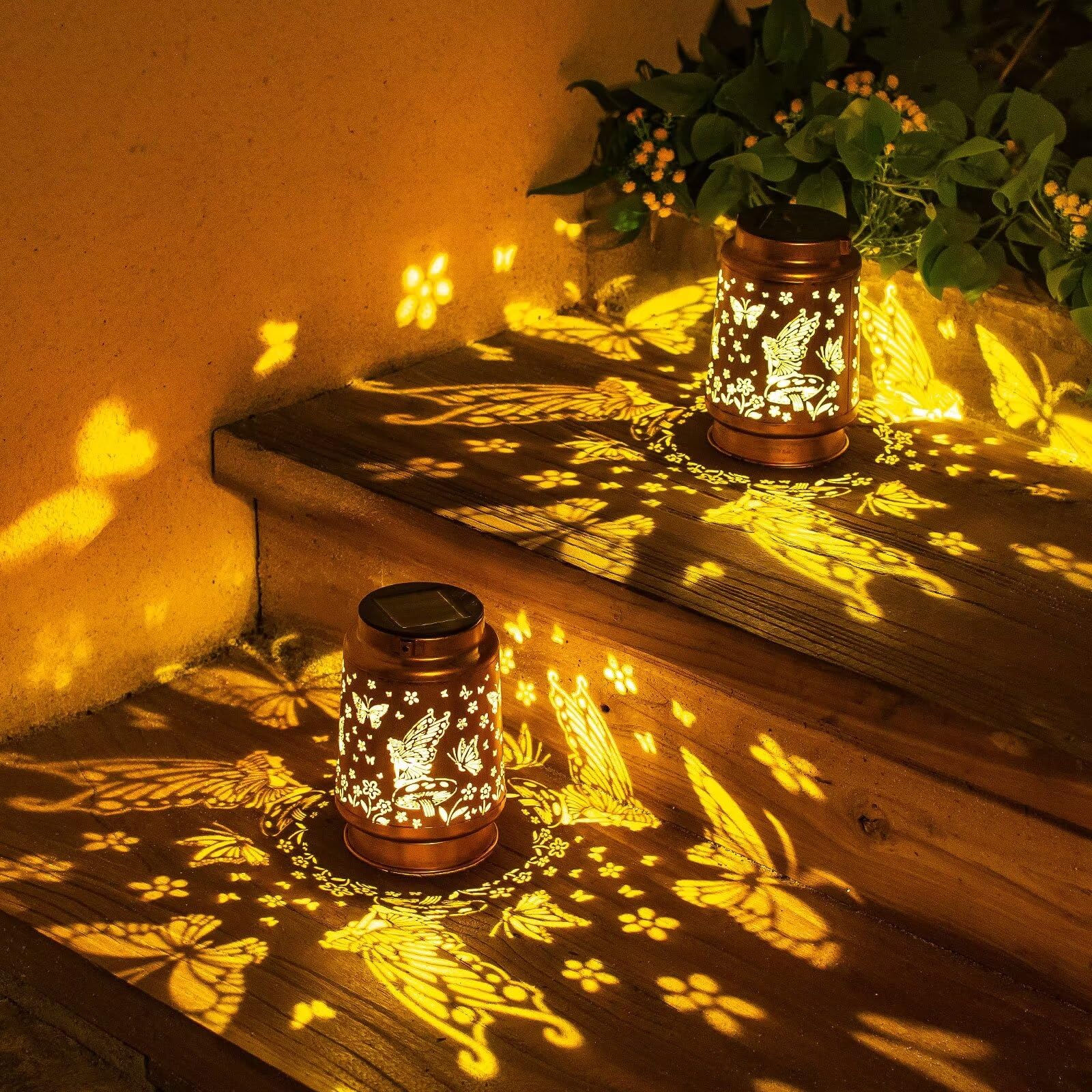 2 Pack Fairy Solar Lanterns Outdoor Waterproof Hanging Butterfly Solar Lights Christmas Gifts For Women Mom Metal Solar Decorative Led Lanterns Outside For Garden, Yard, Patio, Lawn, Porch, Backyard