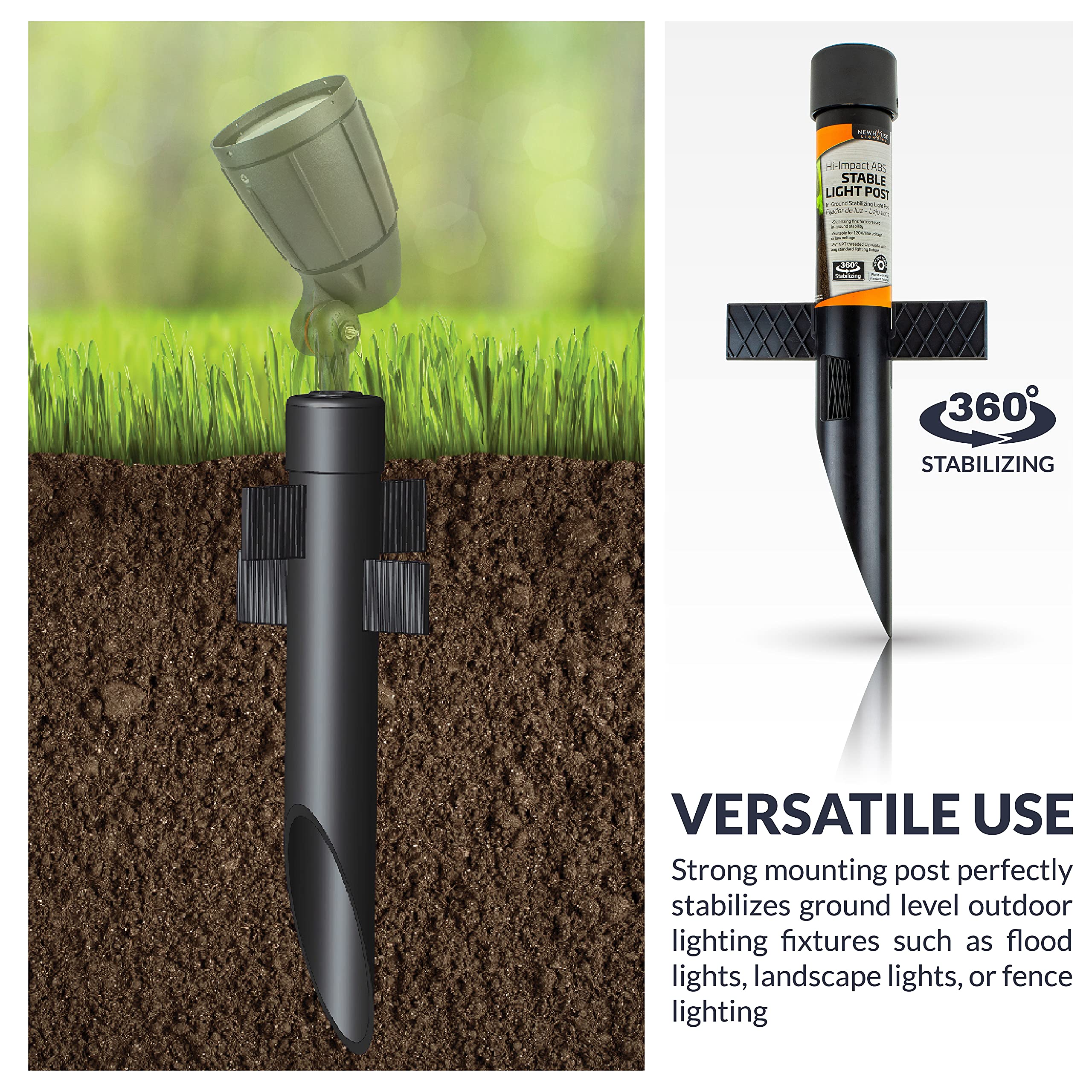 Newhouse Lighting Mpost17 2.5-Inch Outdoor Mounting Post With Cap And Stabilizing Wings For Landscape Flood Lights, Black, 17.63