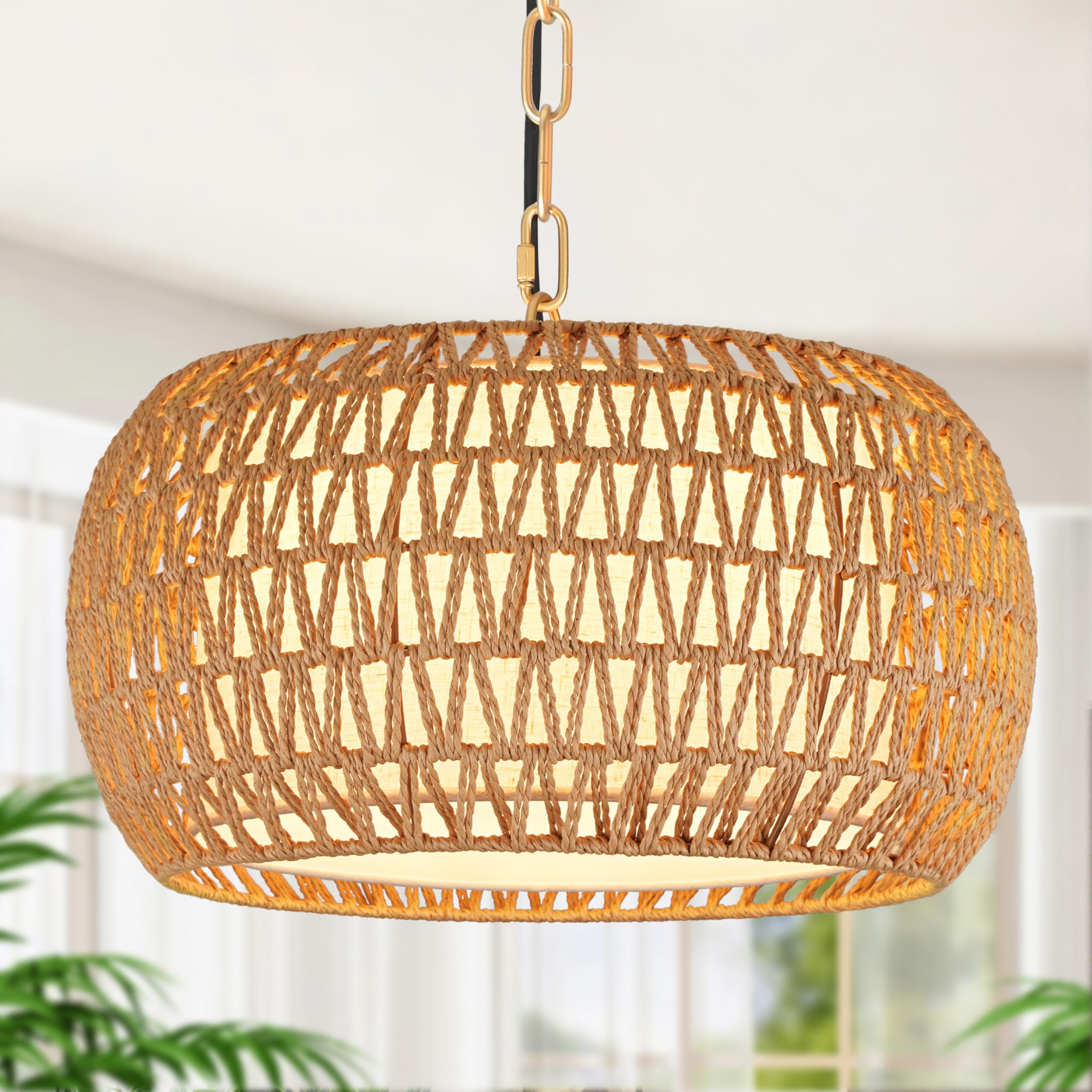 18 Rattan Farmhouse Chandeliers for Dining Room,3-Light Hand-Woven Rattan Chandelier,Fabric Shade Boho Chandelier Pendant Light 