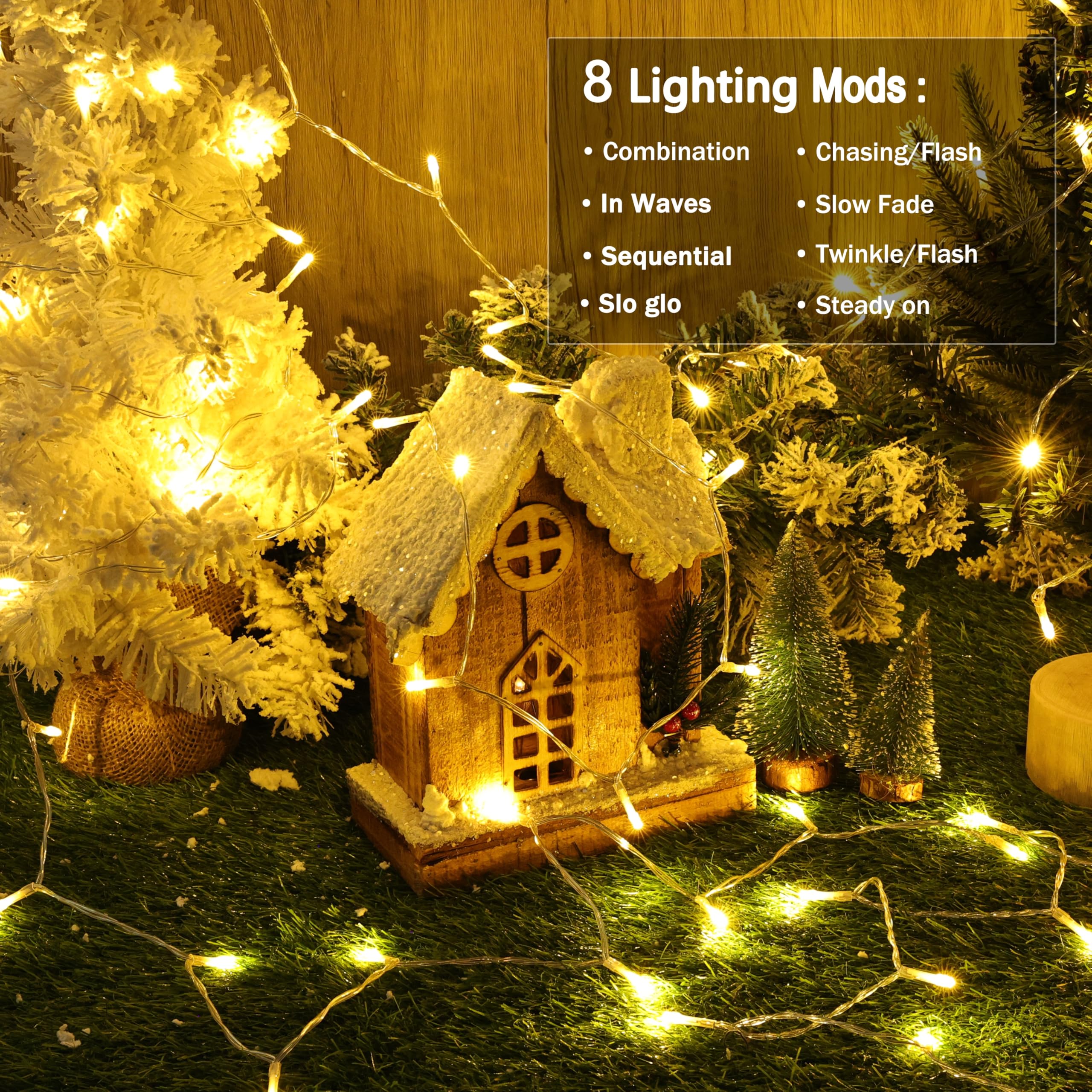 Lomotech Battery Operated Christmas Lights - 33ft 100LEDs, 8 Modes, Waterproof, Clear Wire, Warm White, Model LED08230200