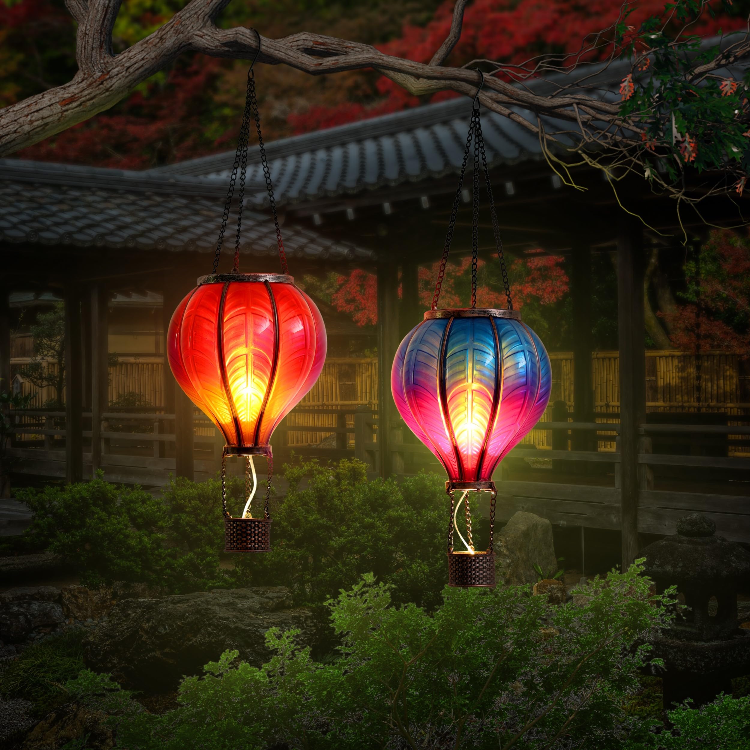 Teresa'S Collections 2 Pack Hanging Solar Lantern Outdoor Garden Decor ,Waterproof Plastic Hot Air Balloon Red Flickering Flame Effect Lantern For Yard Tree,Gift For Mom Lovers,18&quot;