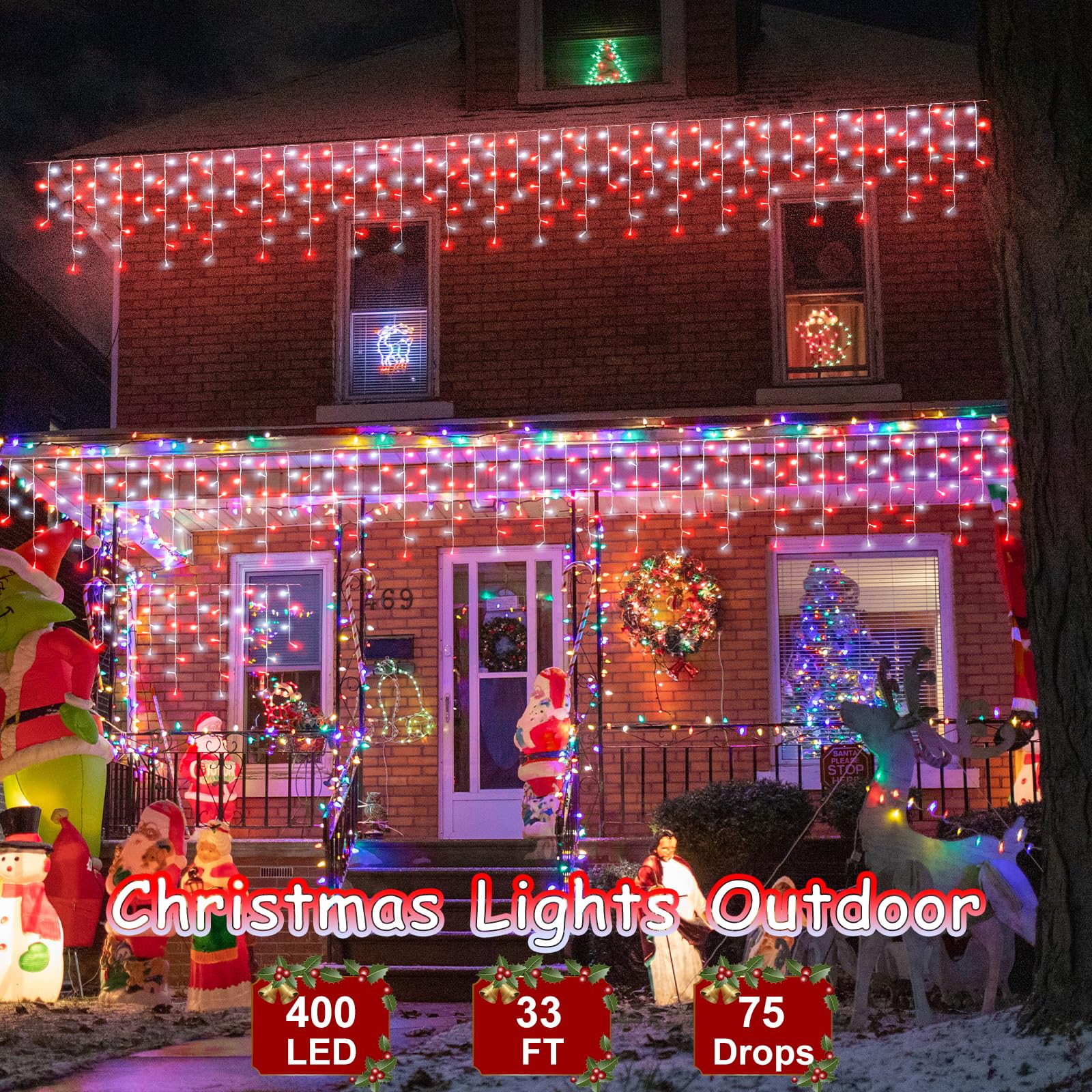 33Ft Red And White Christmas Lights, 400 Led Icicle Lights For Outside, Clear Wire Connectable Twinkle Lights With 8 Modes Timer