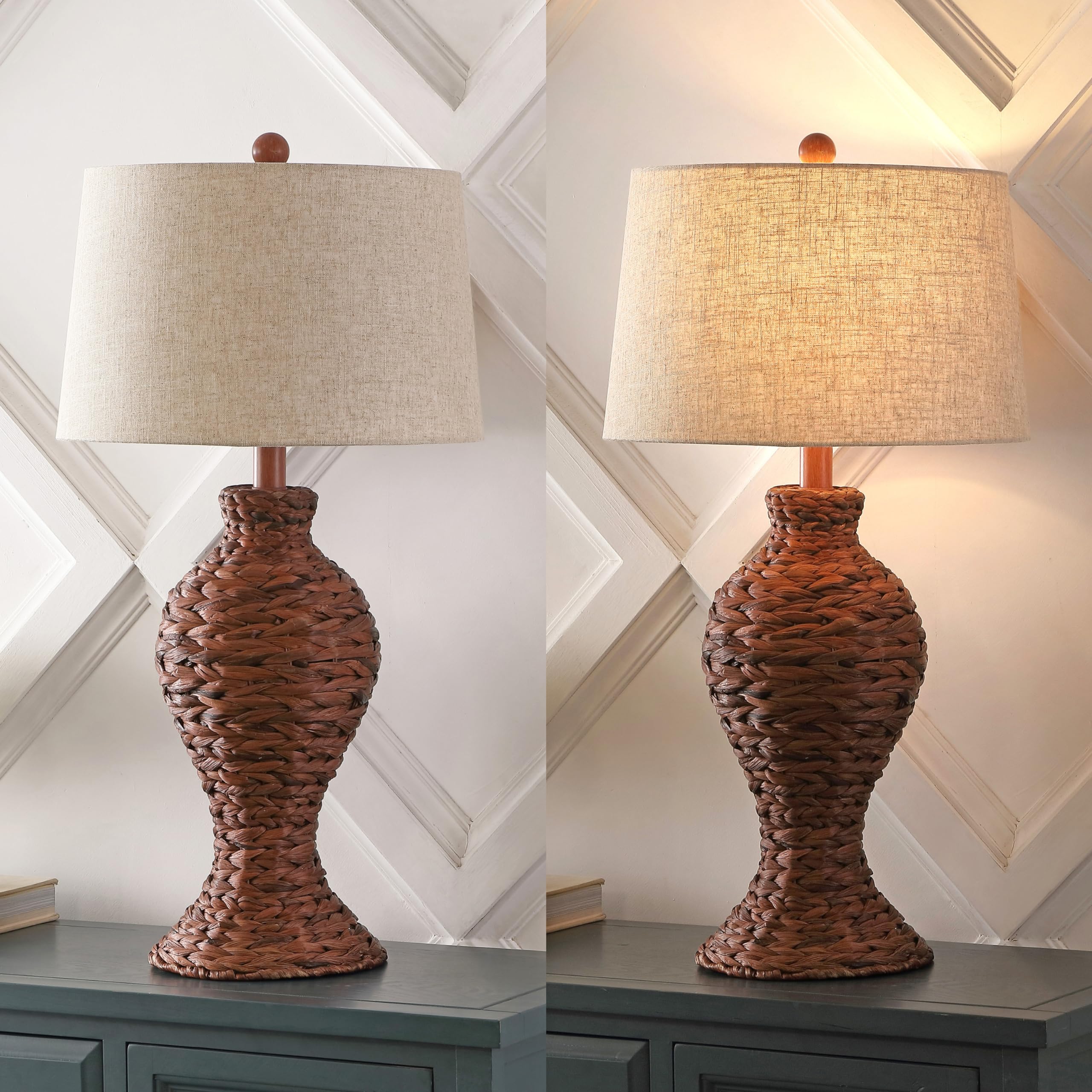 Jonathan Y Jyl1015B Elicia 31'' Coastal Cottage Water Hyacinth Weave Led Table Lamp For Bedroom, Living Room, Office, Dark Brown