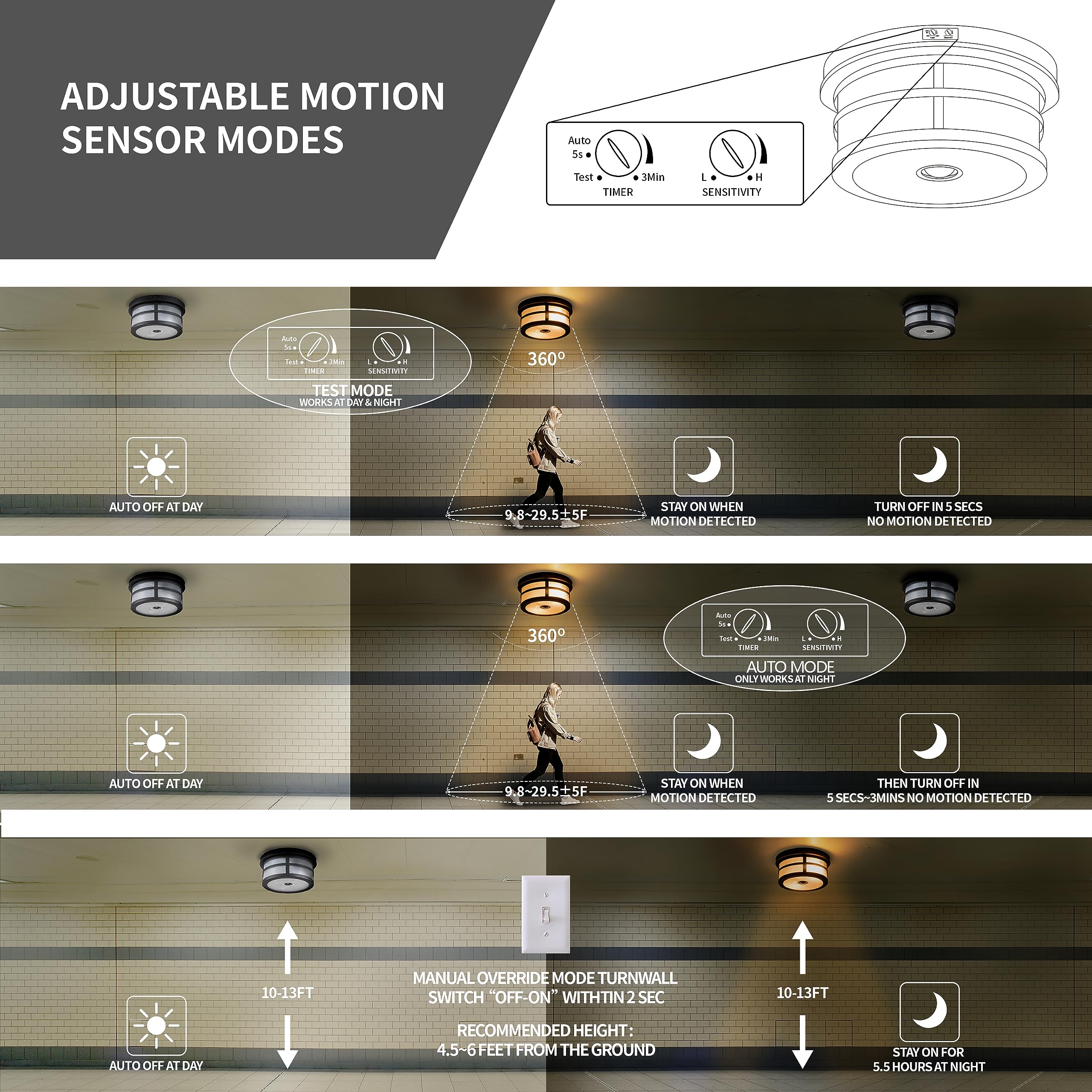 Oupavocs Flush Mount Outdoor Ceiling Light With Motion Sensor, Front Porch Light Ceiling Mount, Adjustable Sensor 2-Light Black
