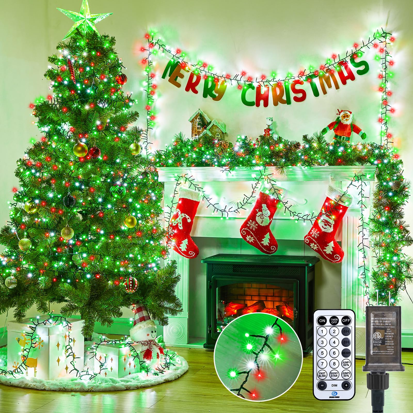 Christmas Tree Lights Outdoor Cluster Lights - 1000 LED 50 Ft Christmas Firecrackers String Lights, 12 Modes Timer Remote Waterproof Plug in Twinkle Lights for Xmas Tree, Red Green & Cool White