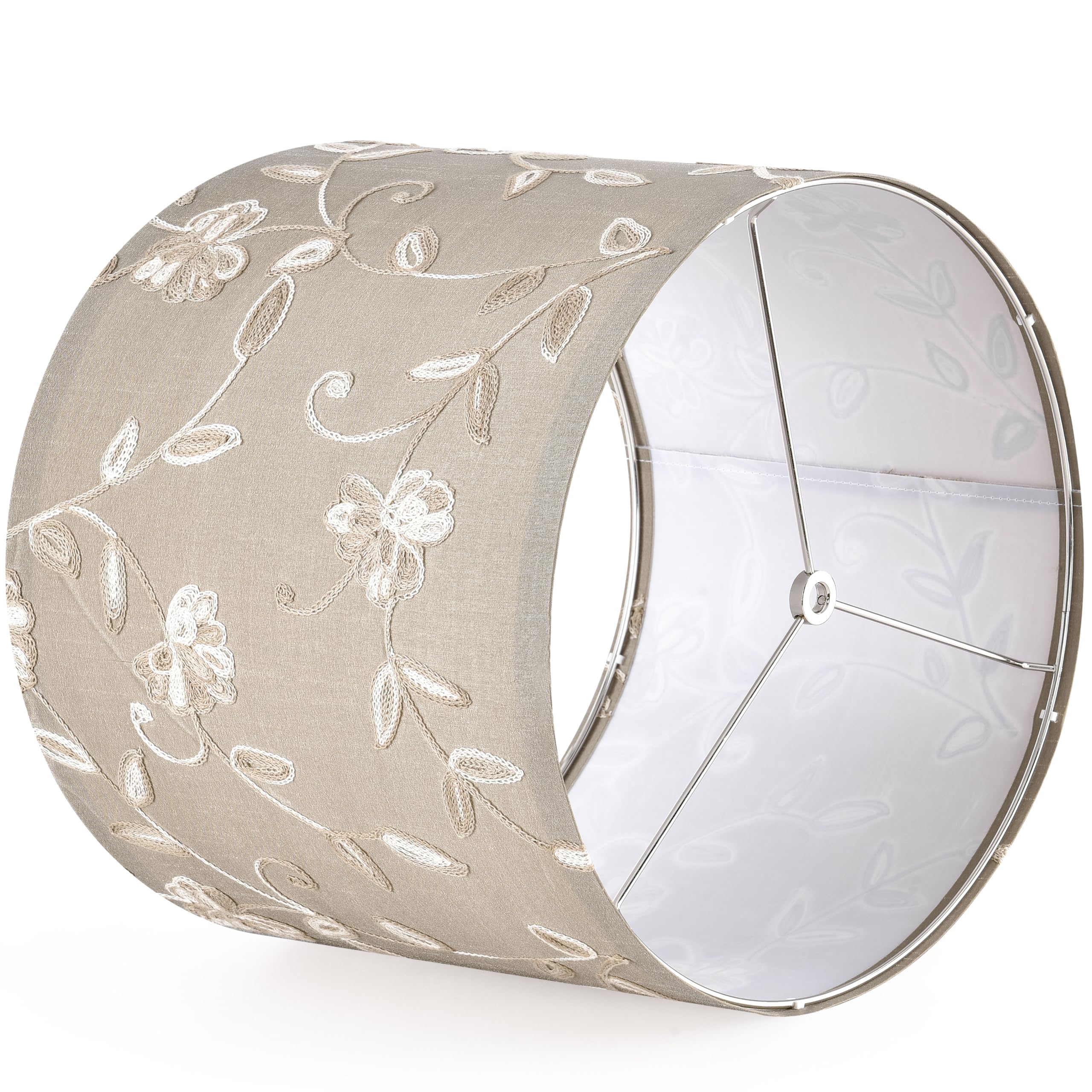 Creme Fabric Drum Lamp Shade With Embroidered Leaf Trim 13'' Top X 13'' Bottom X 10'' High (Spider) Set Of 2 Medium Lamp Shade F