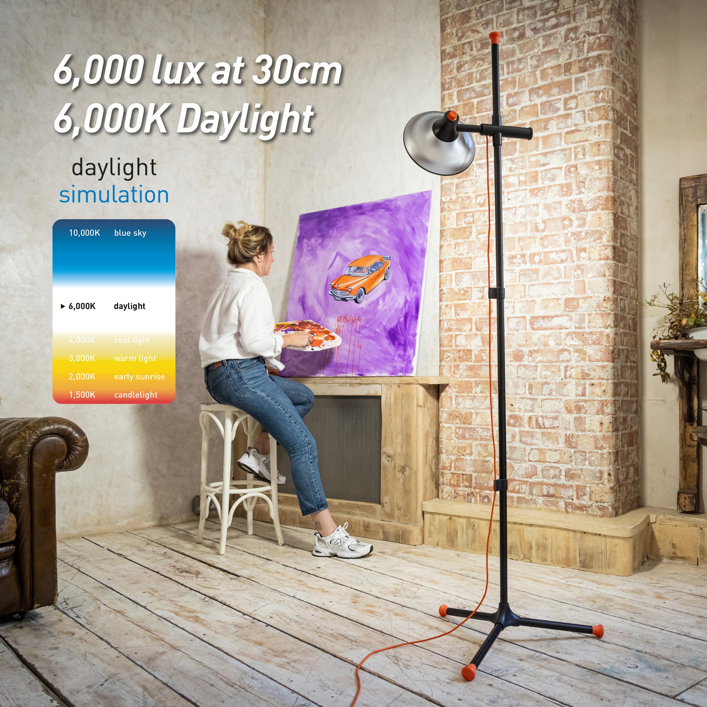 daylight Artist Studio Lamp - 6000 Lux LED, 95+ CRI, 24cm Wide Shade, Black, Model U31575