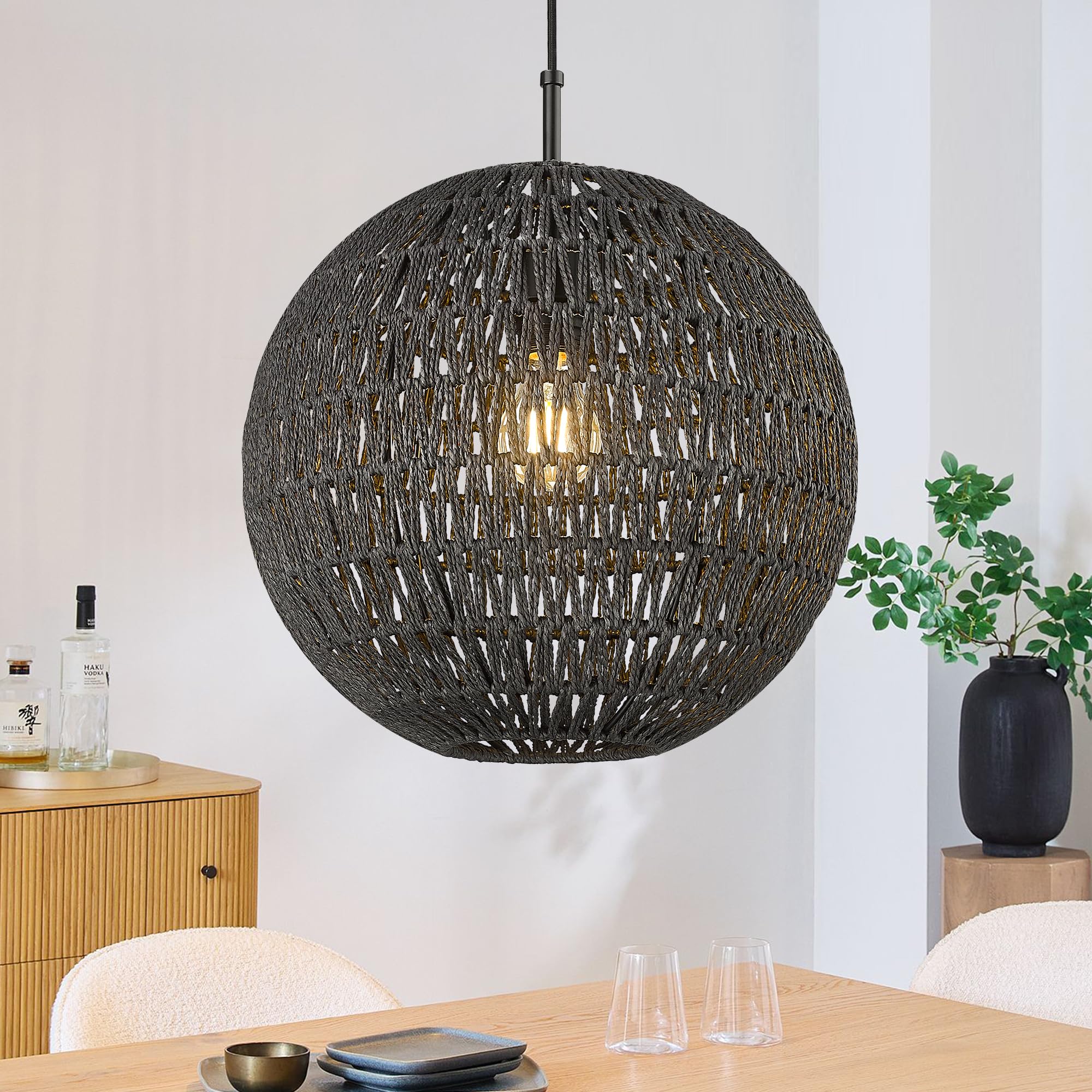 Elyona 14&quot; Modern Woven Chandelier - Black Boho Rattan Pendant Light For Dining Room, Kitchen, Foyer