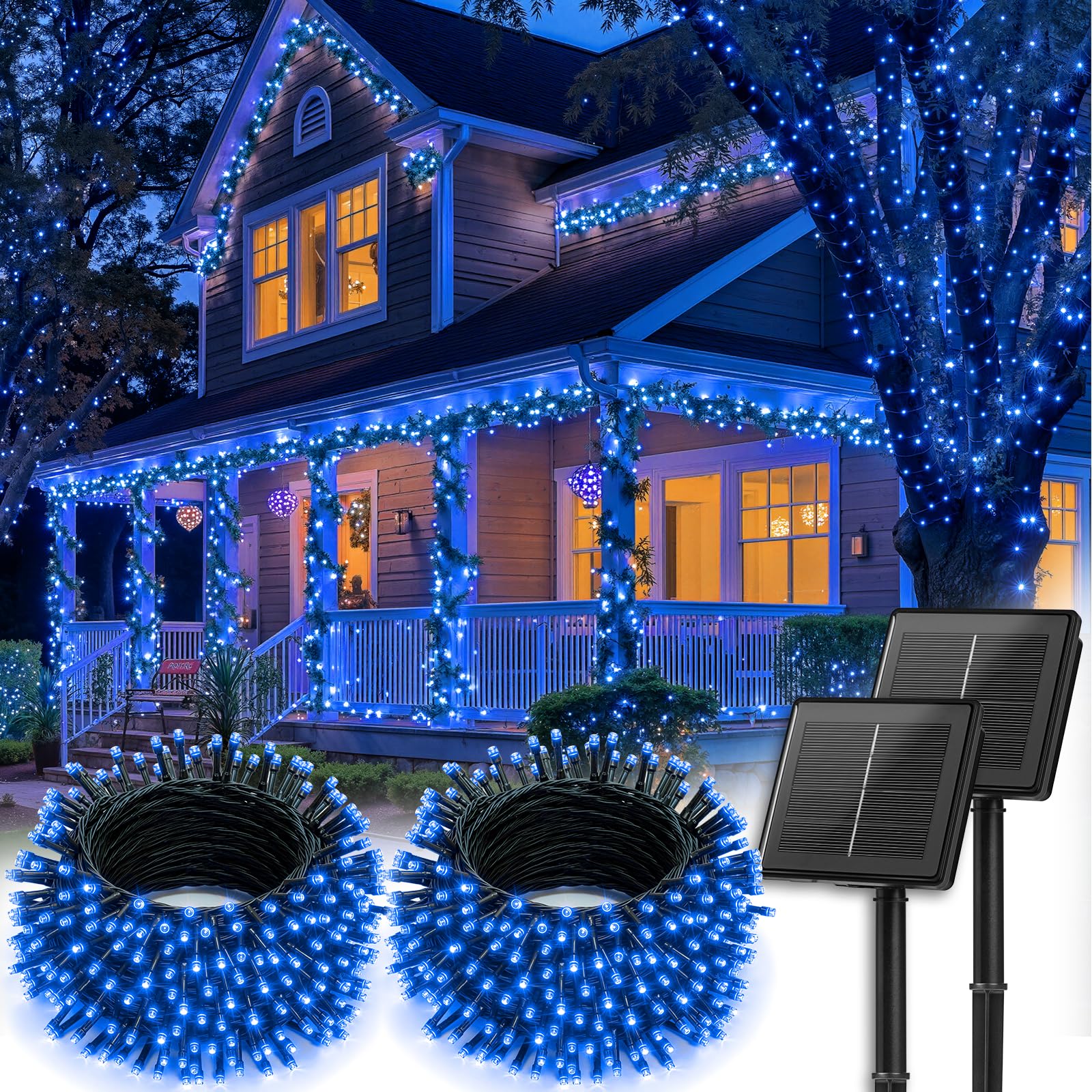 Brightown 2 Pack Solar String Lights Outdoor  Total 144Ft 400 Led Twinkle Fairy Lights Waterproof With 8 Modes Auto On/Off For Patio Tree Garden Party Home Wedding Christmas Decorations (Blue)