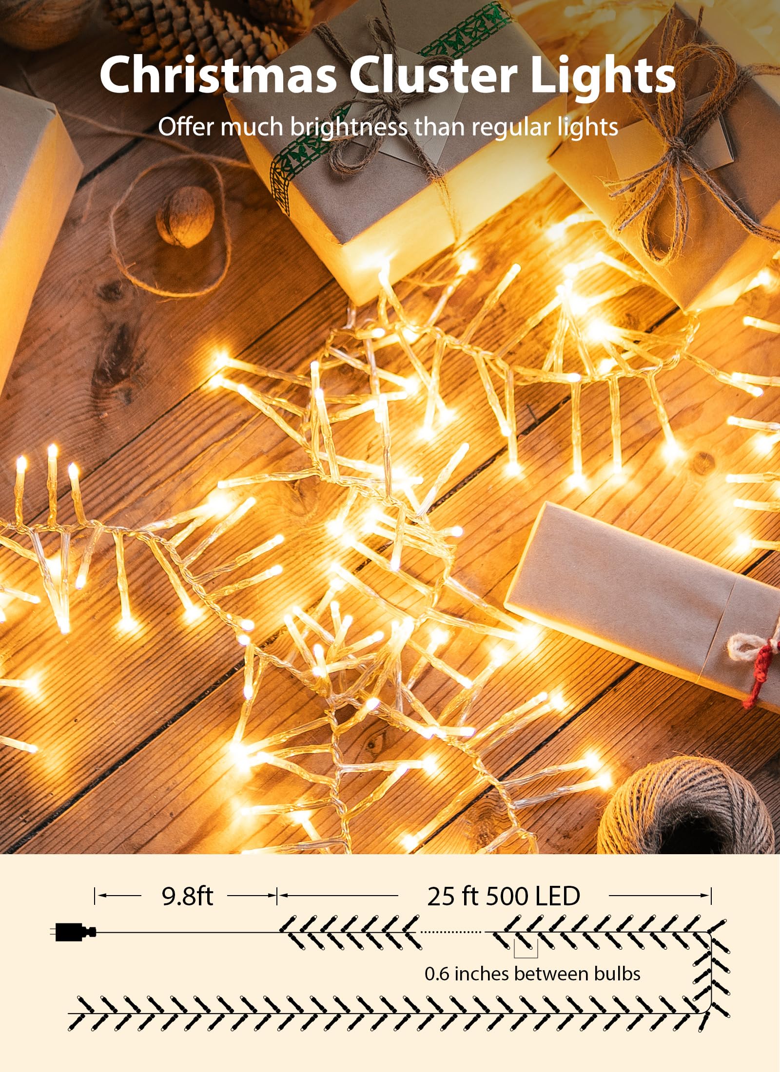 Minetom Christmas Lights - 500 LED, 25 Ft Waterproof Twinkle Fairy Lights, Warm White, DMO-S-500, 12 Modes Timer