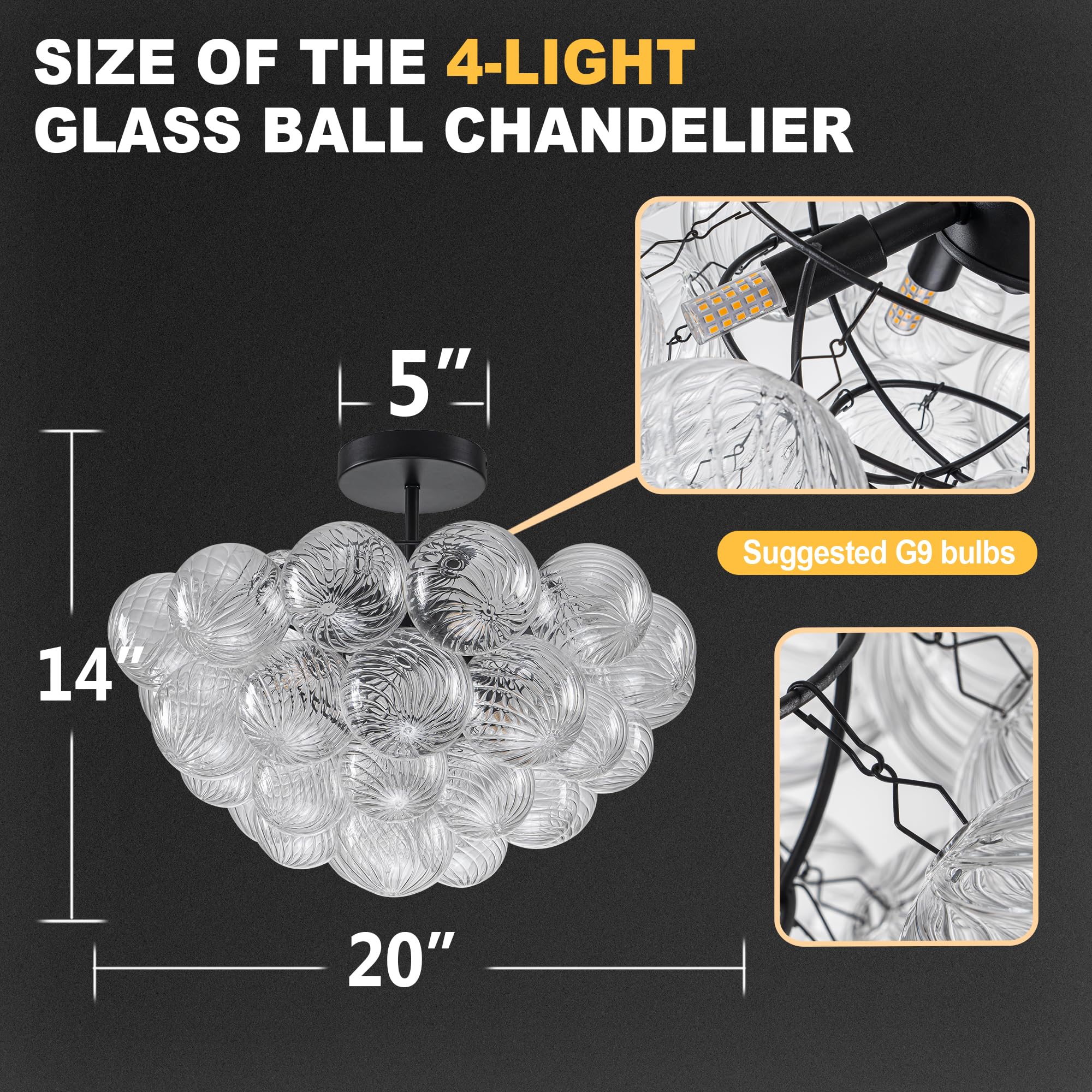 Beypan Bubble Ball Glass Chandelier Black Finish Clear Ribbed Blown Glass Globe Chandeliers Semi Flush Mount Ceiling Light Fixtu