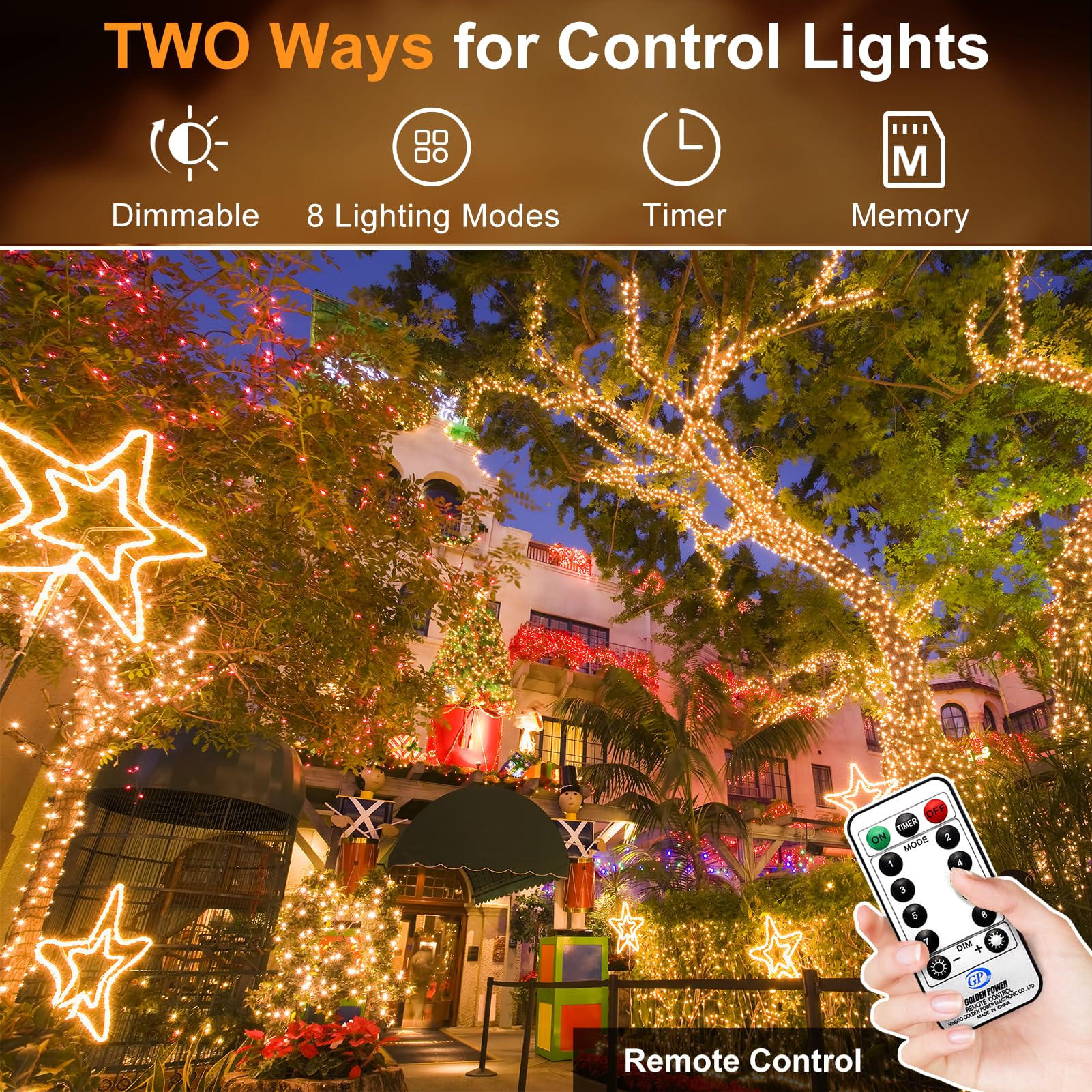 KNONEW 1000 LED String Lights - 403ft Warm White Outdoor Fairy Lights, 8 Modes, Waterproof, Dark Green Wire, Model 68KN-168LIG-NIU