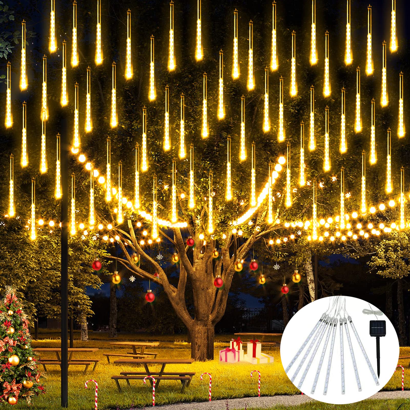 Jmexsuss 30Cm 8-Tube 144 Led Warm White Solar Meteor Rain Lights - Falling Fairy String Lights For Xmas Tree, Wedding, Holiday Party Decor