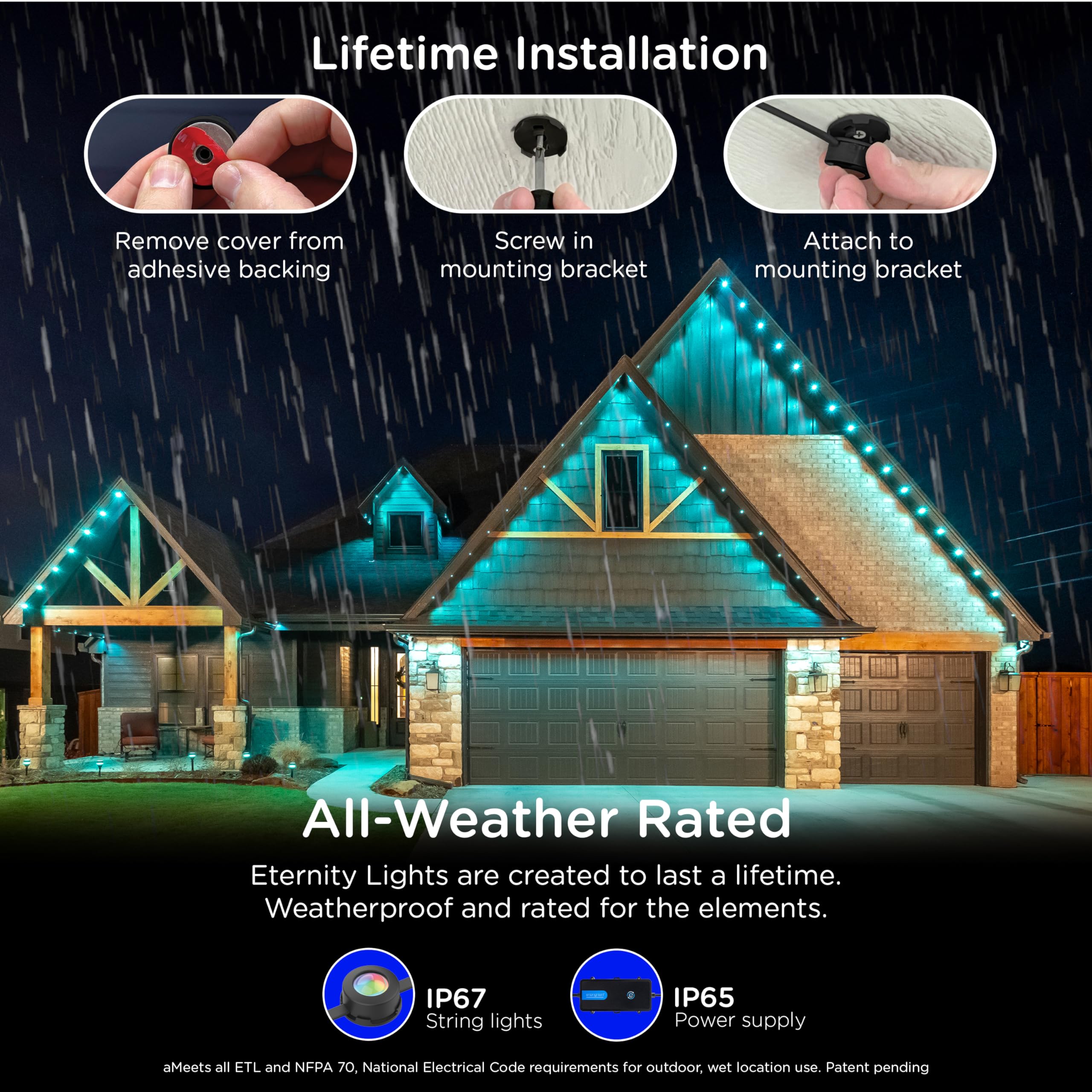 Enbrighten 50ft Eternity Outdoor Lights, 36 RGBWIC LEDs, IP67 Waterproof, Smart Eave Lights, Model 82729, Black