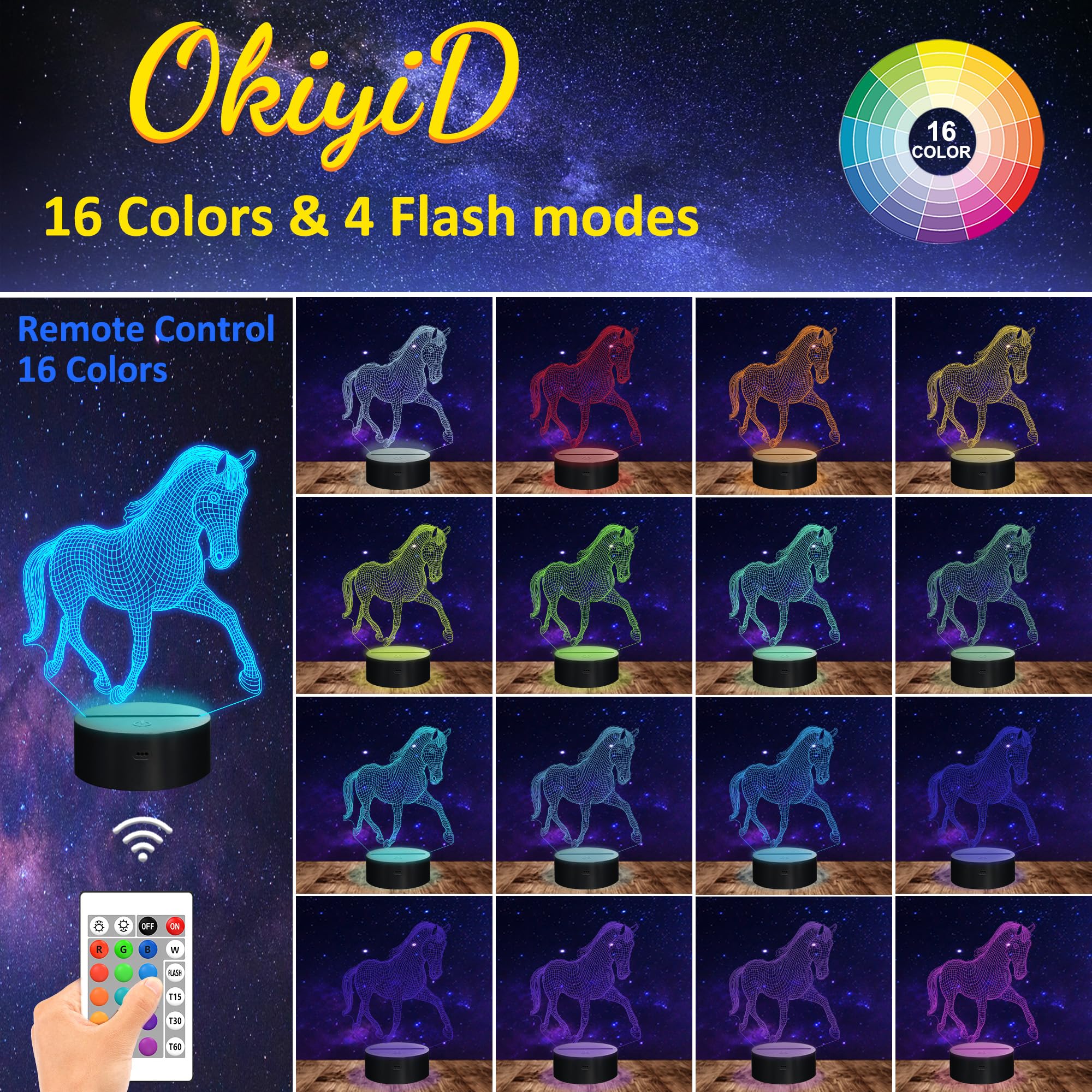Okiyid Horse Gifts For Girl, 3D Illusion Lamp, 3D Horse Night Light With 16 Colors, Remote And Touch Control, Horses Decor For Kids Room, Girls Birthday Gifts