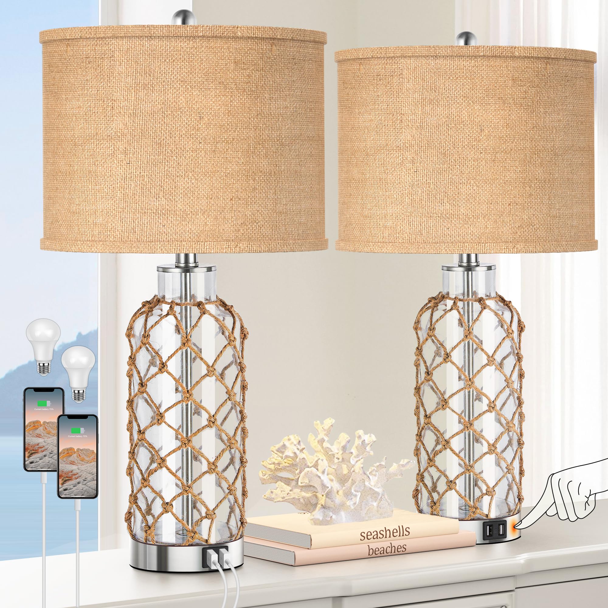 PARTPHONER Modern Coastal Table Lamp, Clear Glass, 3-Way Dimmable, 2 USB Ports, Model TL015C-BKLT