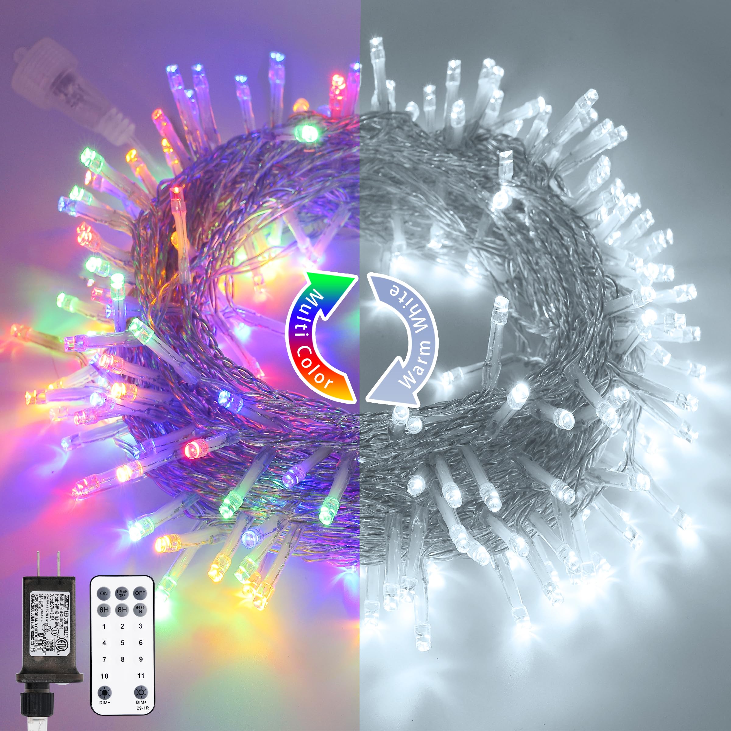 JMEXSUSS 200 LED Christmas String Lights Outdoor Waterproof, 66ft Color Changing String Lights Plug in, Cool White & Multicolor 