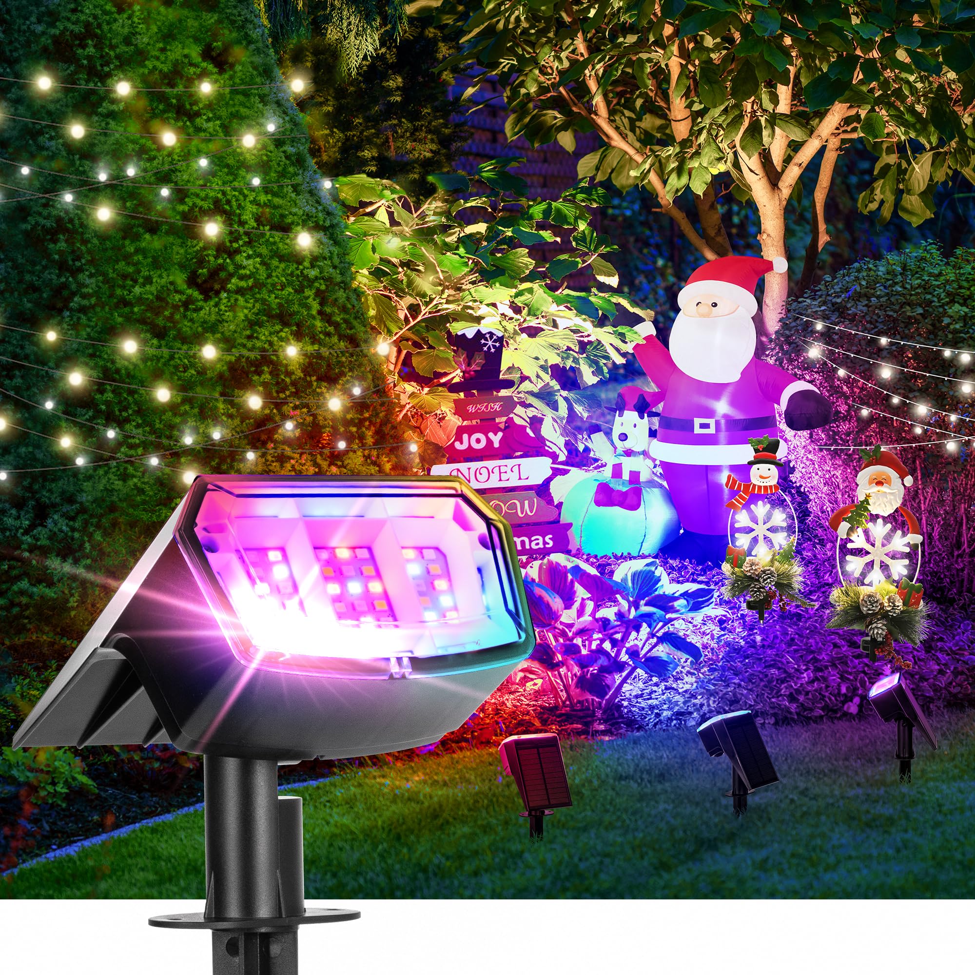 AUDERWIN Solar Spot Lights, 63 LED, 9 Lighting Modes, Waterproof IP65, 4 Pack, Multicolor, Model 8945
