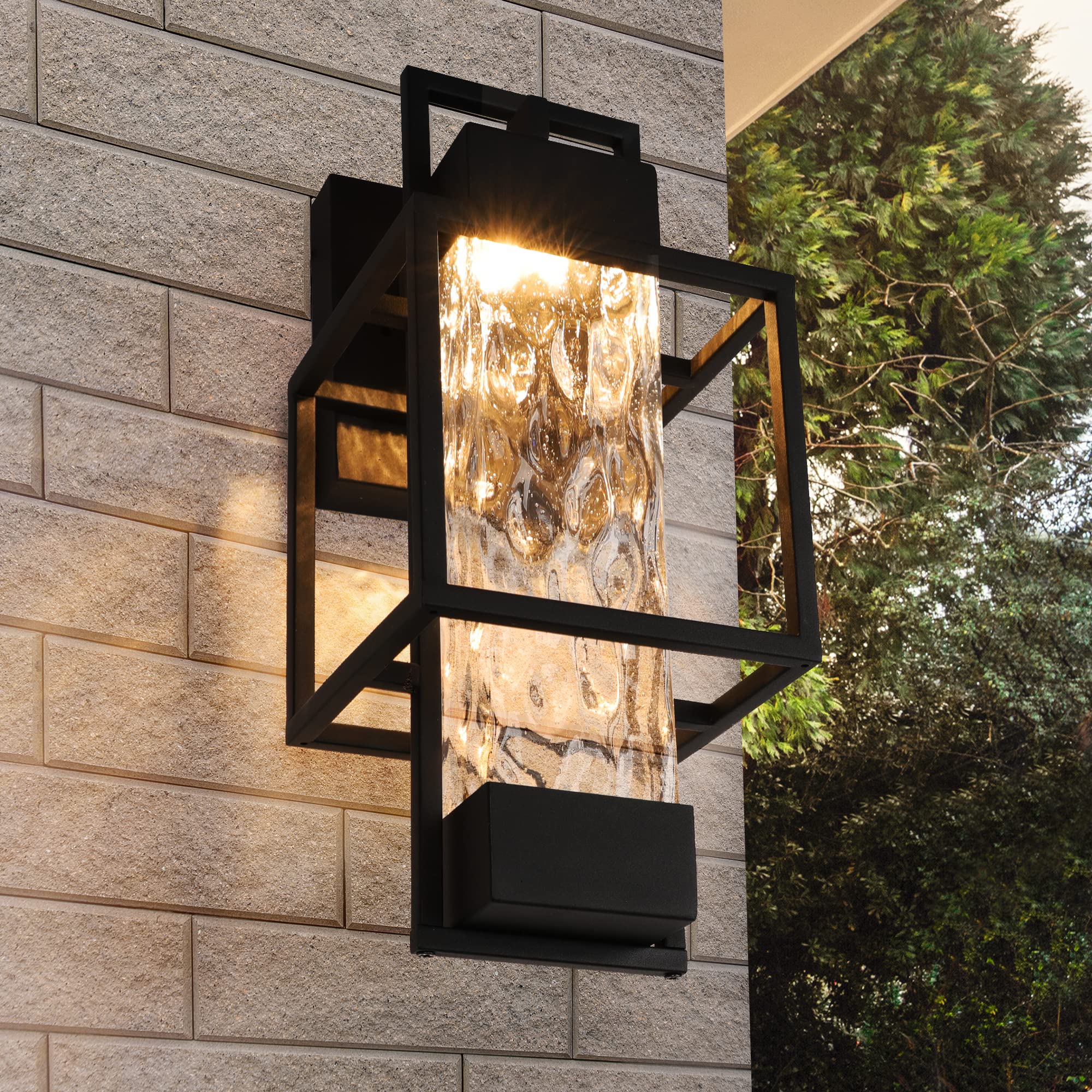 PARTPHONER Outdoor Wall Sconce, 15in H, Dusk to Dawn, Waterproof, Black, Glass, Model LED0968, Bulb Included