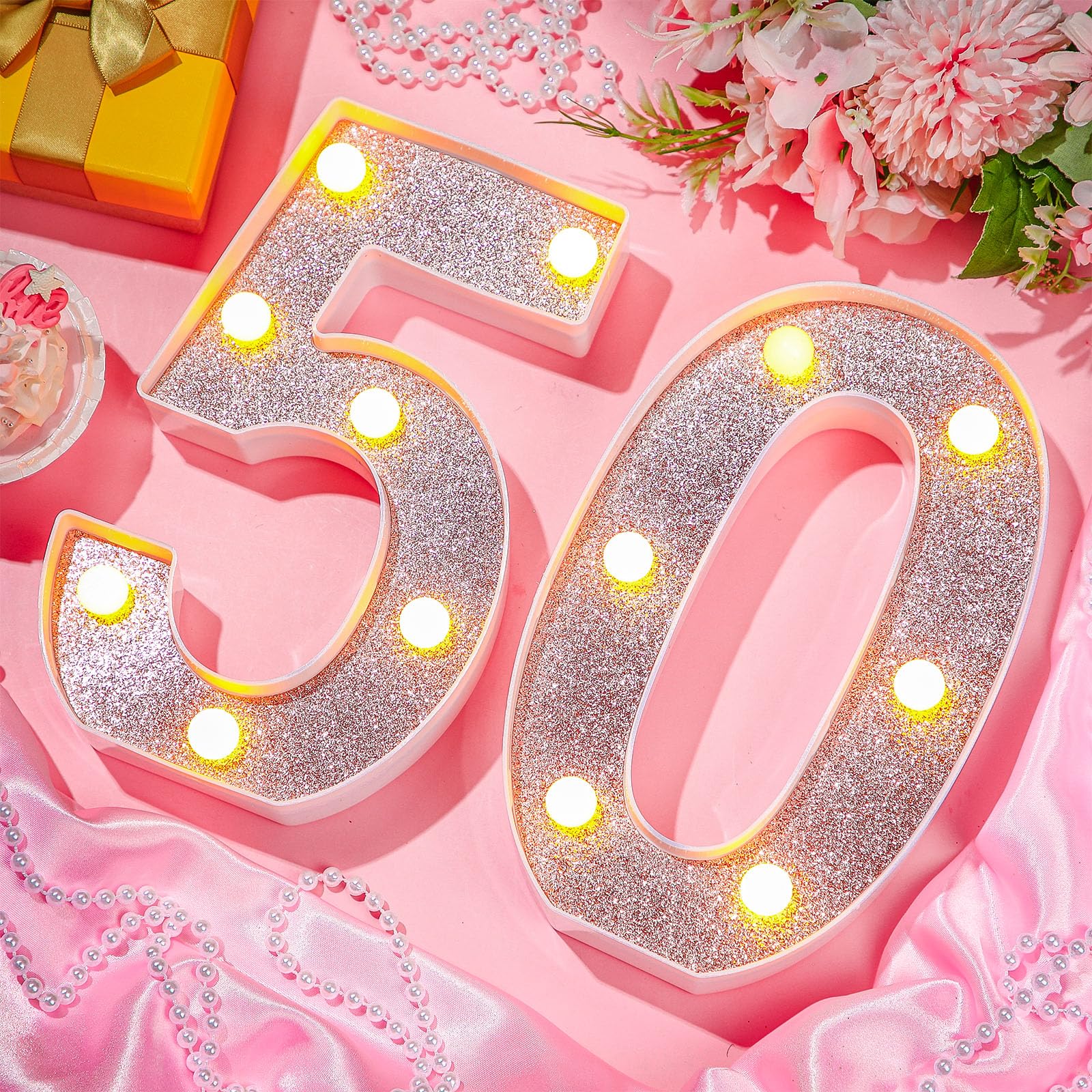 Treela LED Number Sign - 8.7'' Rose Gold Glitter for 50th Birthday Party Decorations, Marquee Light Up Centerpiece, Treela-Light-01