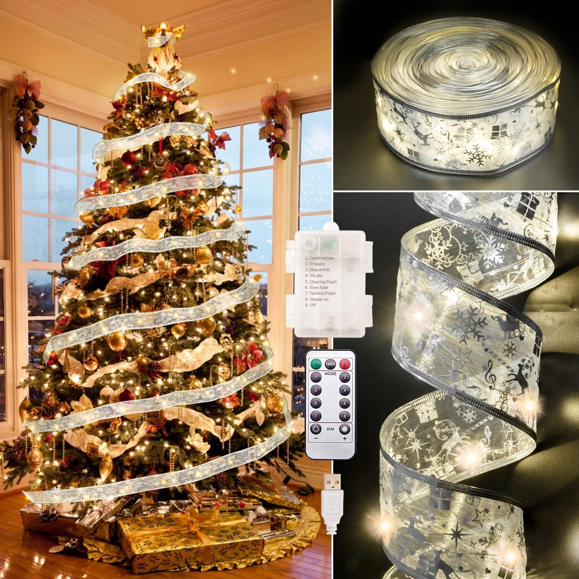 Vimorg Christmas Decorations  2.5Inch x 33Ft 100 Led Christmas Tree Ribbon Lights with Remote Control  Battery Operated & USB Powered 8 Lighting Modes Fairy String Lights with Timer for Xmas Decor