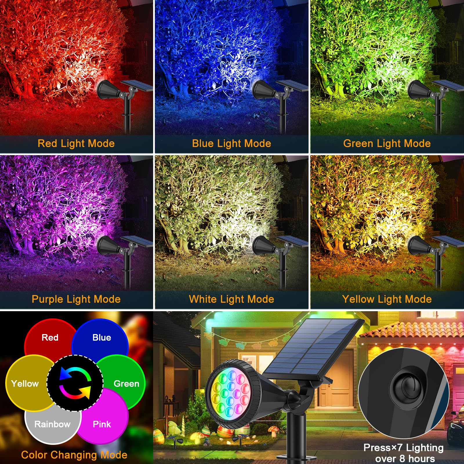 Welalo Solar Spot Lights Outdoor Color Changing, 7 Modes Solar Lights Outdoor Waterproof 180 Adjustable Multicolor Rgb Landscape