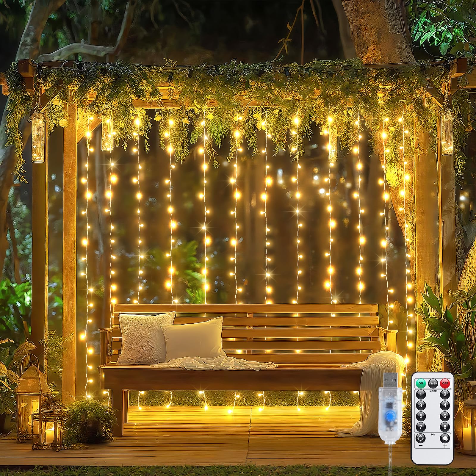 JMEXSUSS 200 LED Curtain Lights for Bedroom  Warm White Curtain String Lights for Backdrop Indoor  USB Plug in Hanging Lights with Remote for Outdoor Wall Backdrop Wedding Party Decor  6.5ftx6.5ft