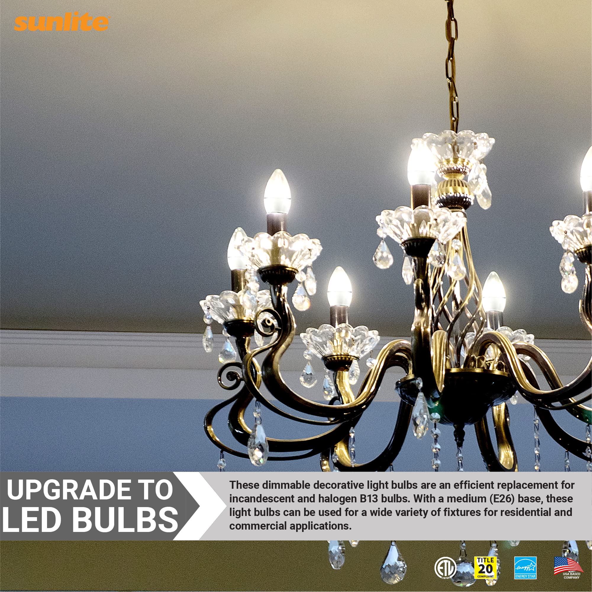 Sunlite Led B13 Torpedo Decorative Chandelier Light Bulb, 7 Watts (60W=), 500 Lumens, 120 Volts, Dimmable, E26 Base, Energy Star
