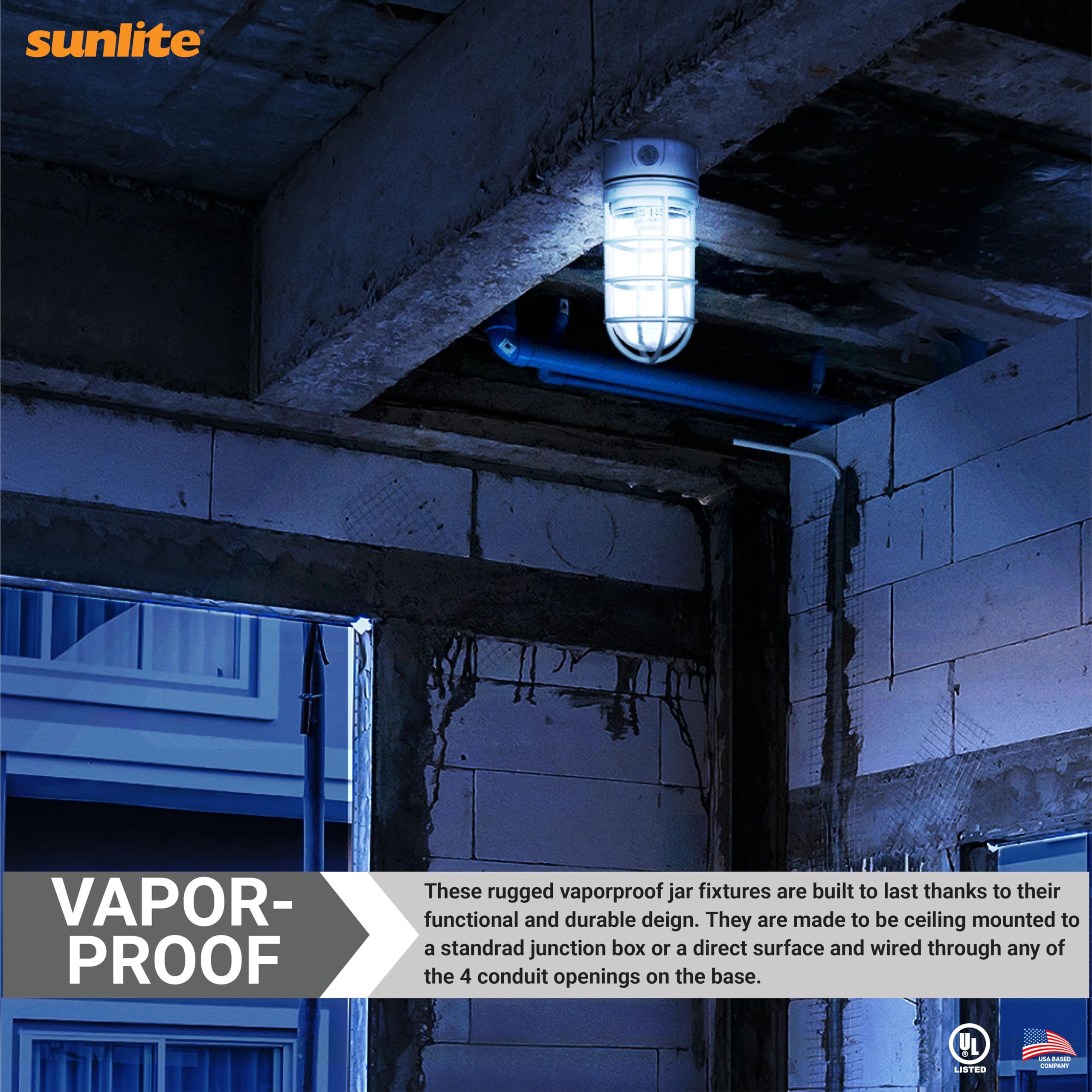 Sunlite Vaporproof Industrial Jar Light Fixture, Medium Base Socket (E26), Ceiling Mount, 100W Max, 120V, For Security Construct
