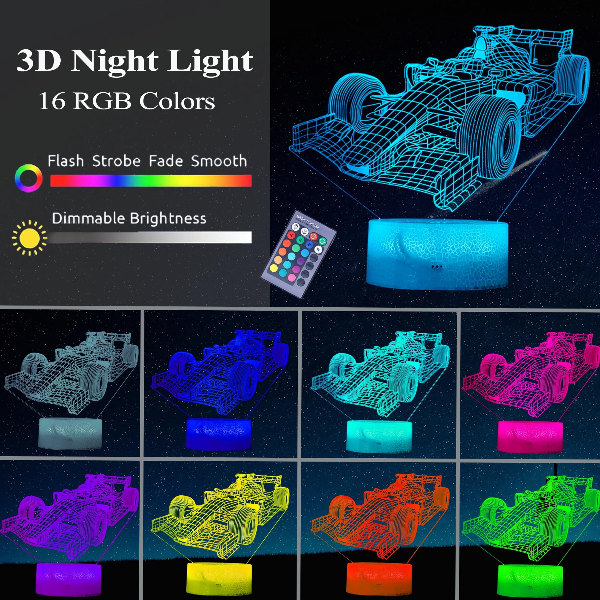 Posshe F1 Car Gifts For Boy, F1 Race Car Night Light With Remote Control, 16 Colors Changing, Rgb Flashing Mode And Dimmable, Ra