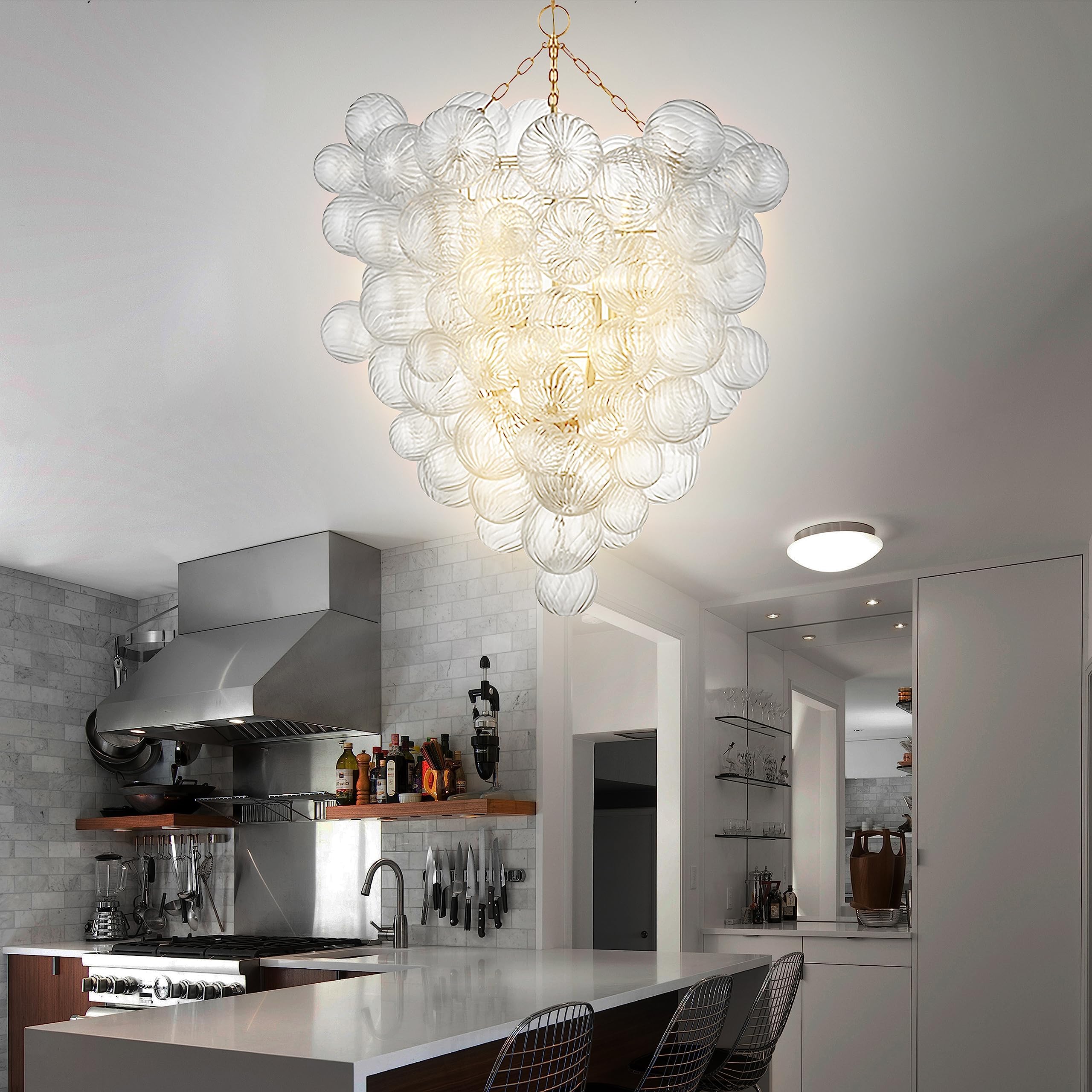 Beypan Modern Classic Glass Bubble Chandelier 2-Layer 44" High Light Fixtures Mid-Century Swirled Clear Blown Glass Globe Chandeliers Pendant Lights For Stairway Living Room Entryway Foyer